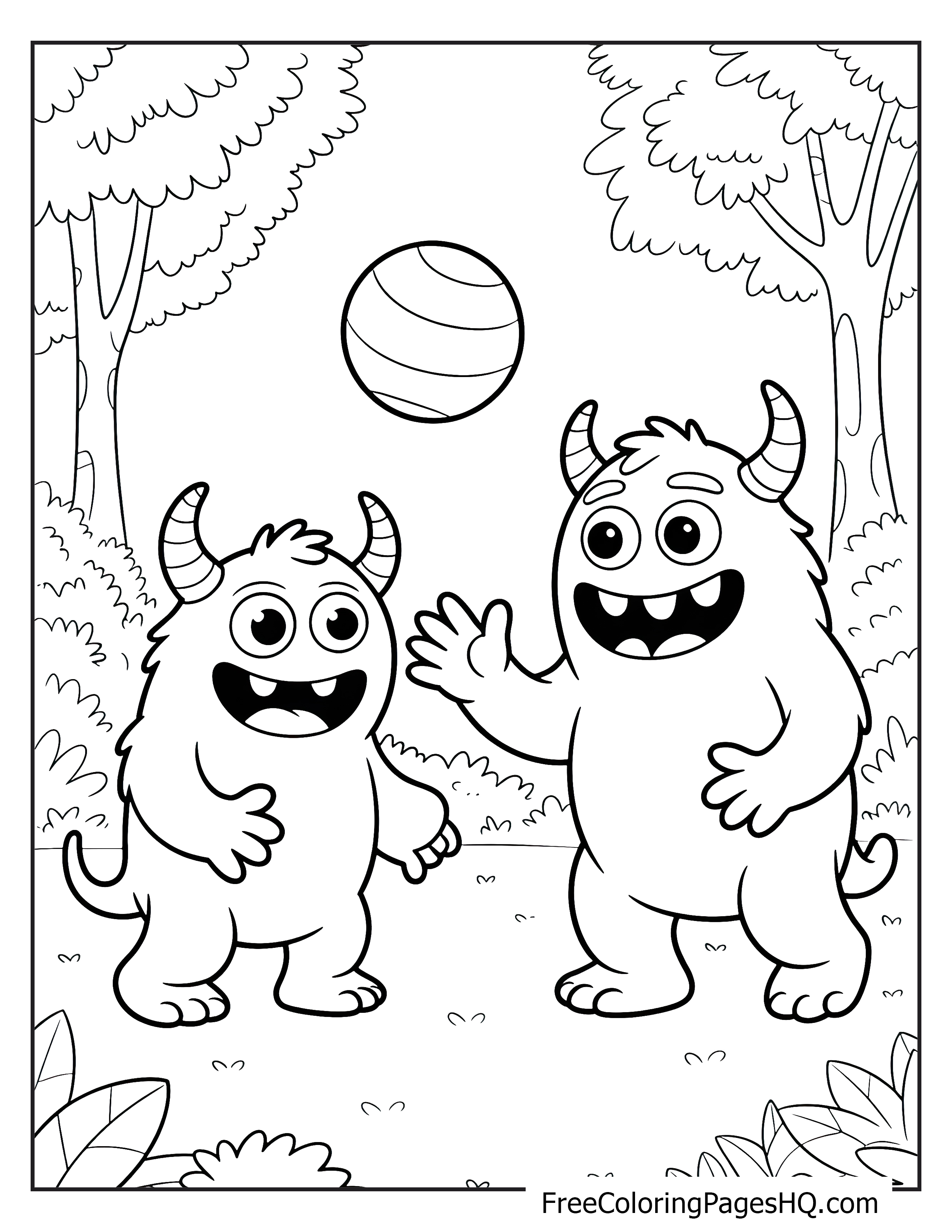 Two happy monsters playing with a ball in a forest setting.