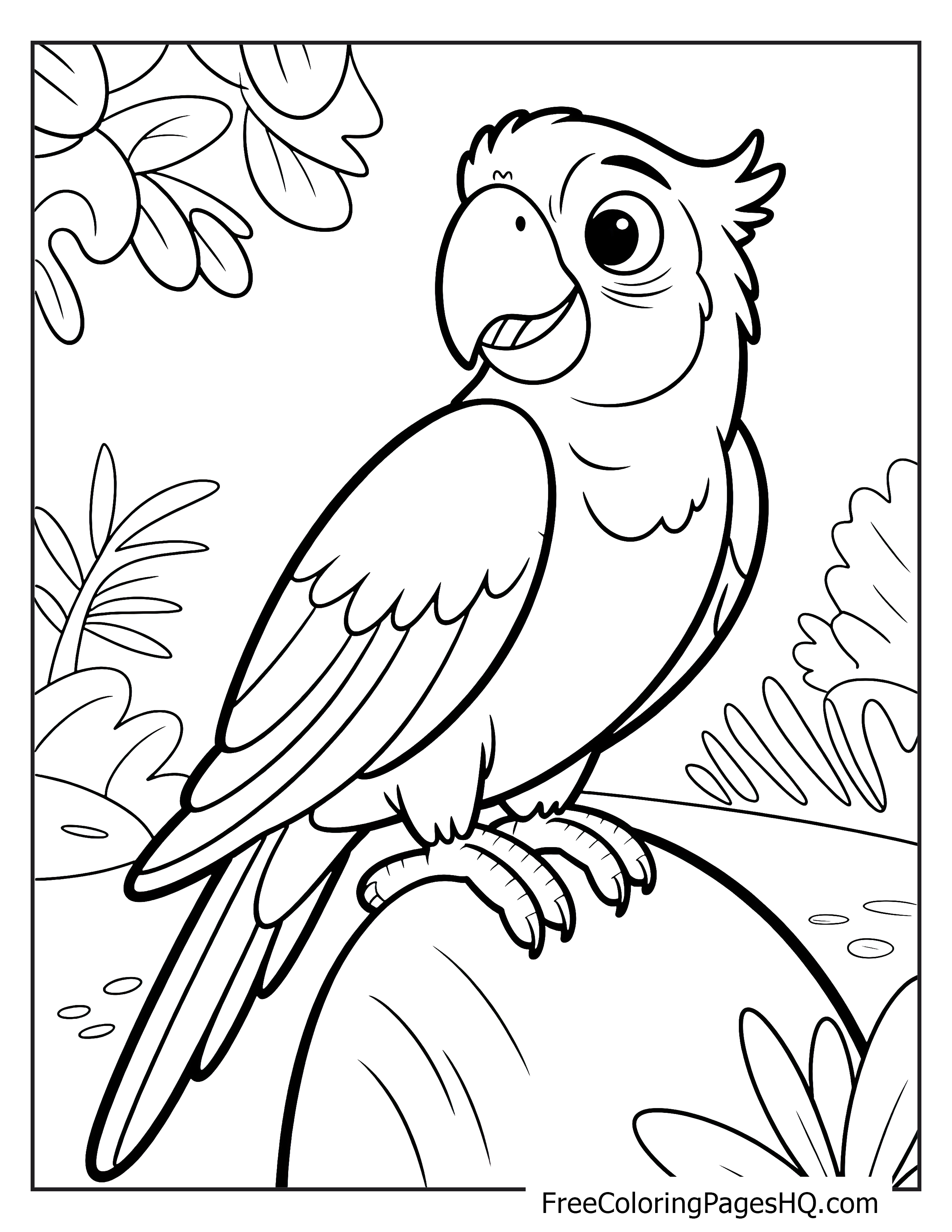 A smiling parrot perched on a branch amidst leafy jungle plants.