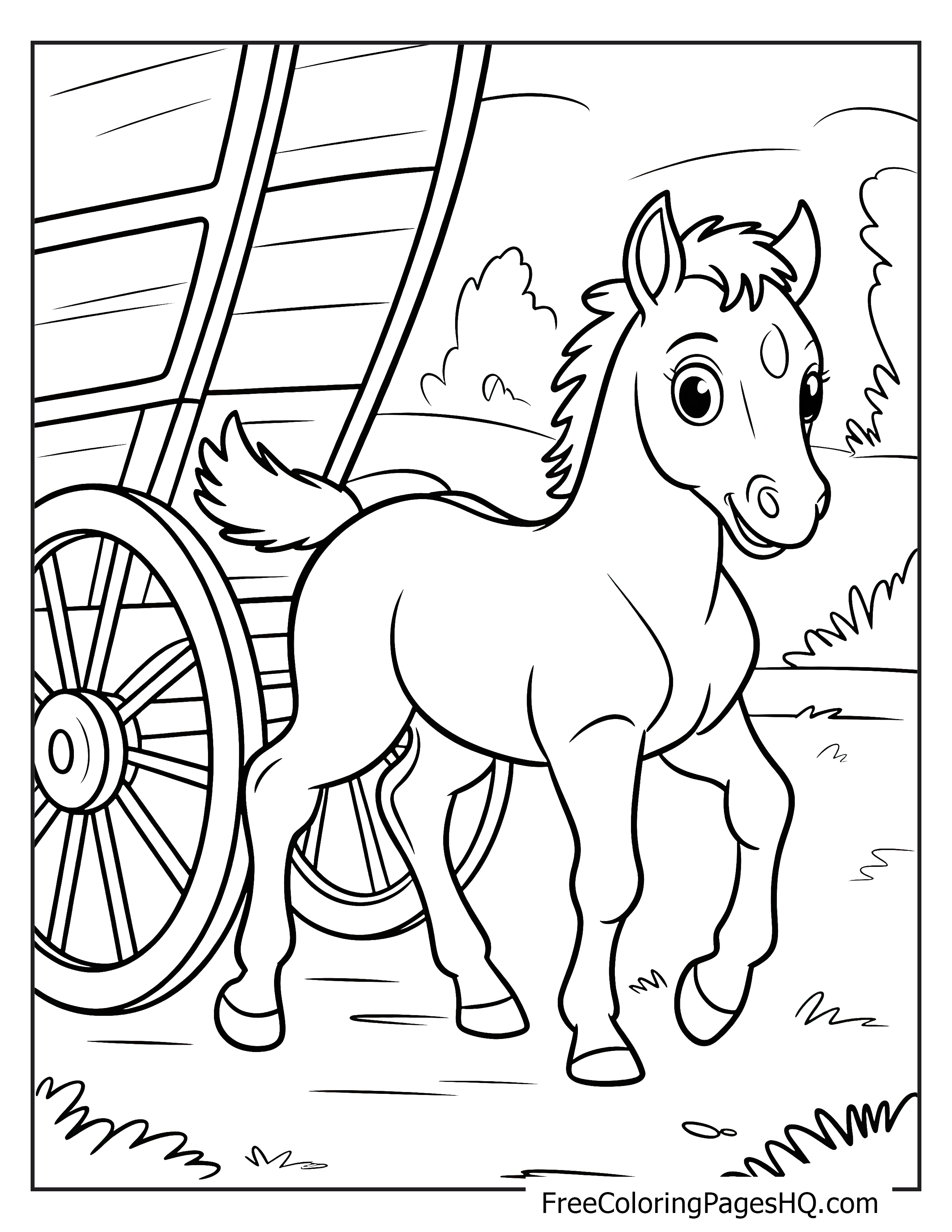 A happy pony prancing next to a wooden wagon with big wheels.