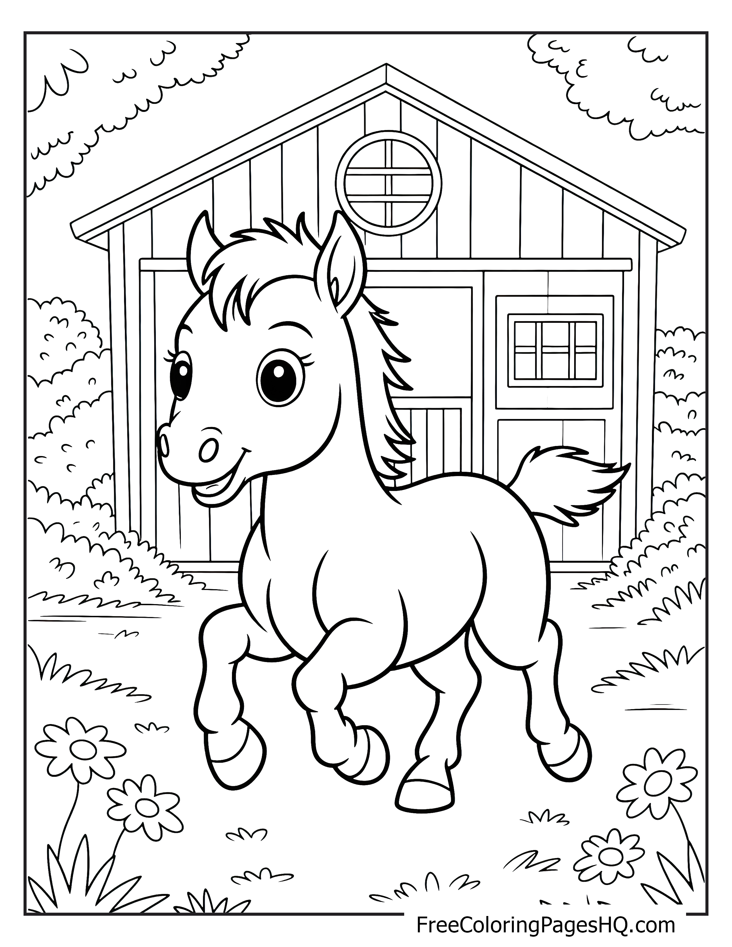 A lively pony prances in front of a barn with flowers and trees in the background.