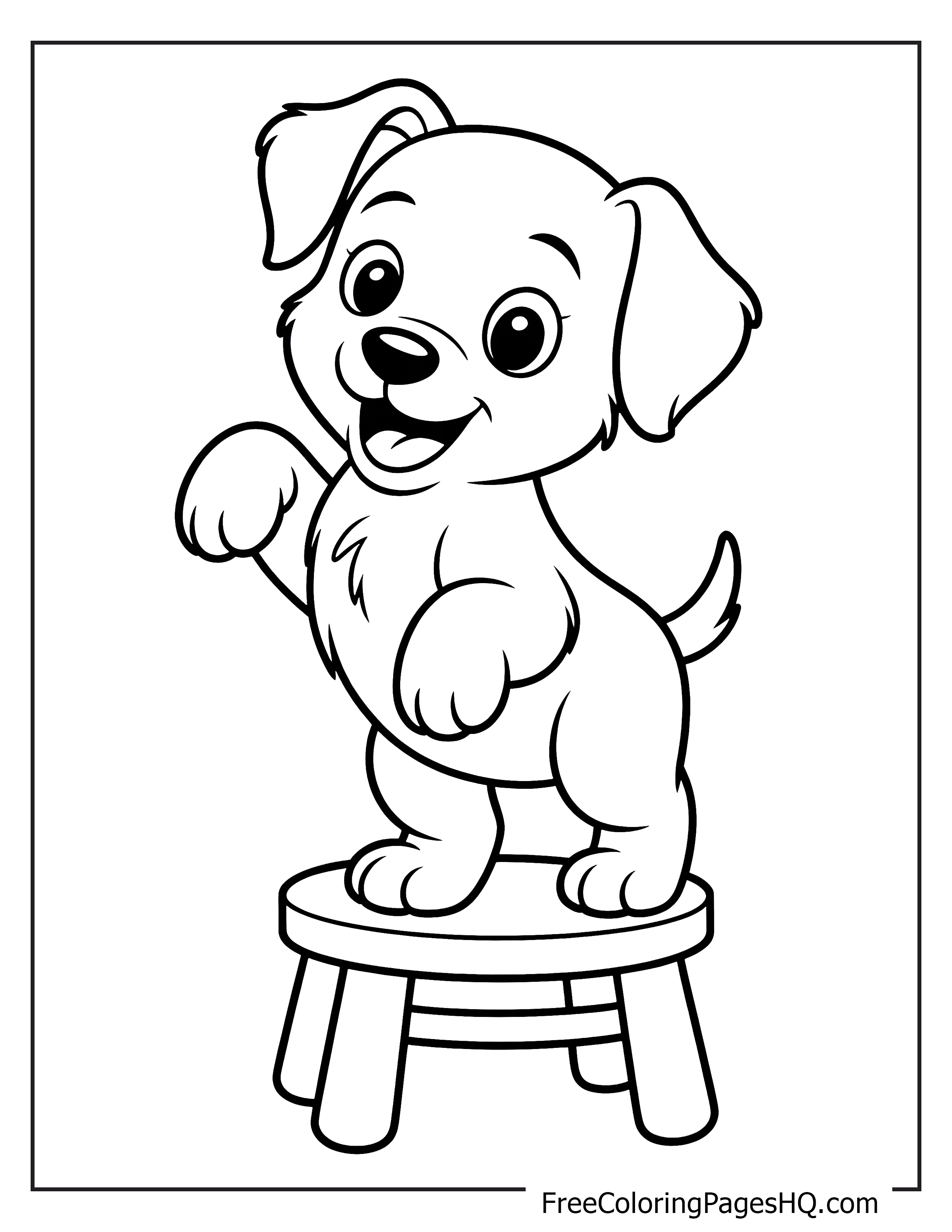 Cute puppy standing happily on a stool.