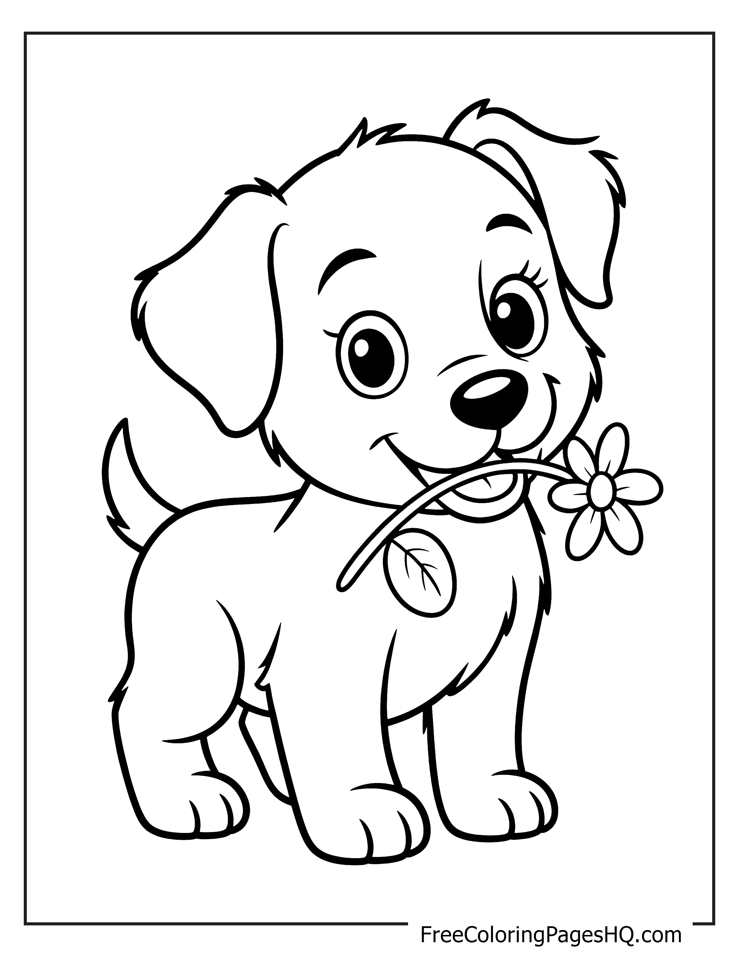 Adorable puppy holding a flower in its mouth.