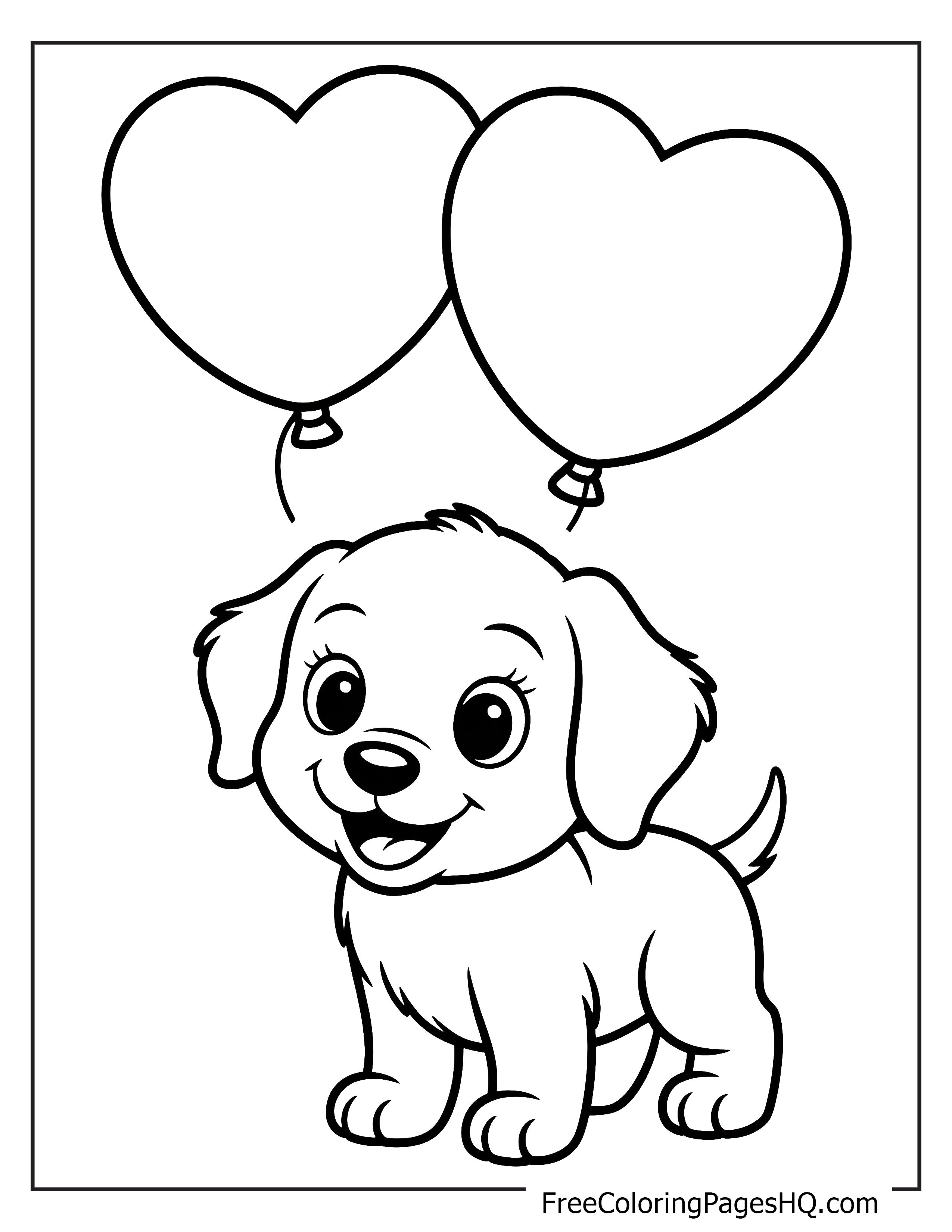 Cute puppy with heart balloons for coloring fun.