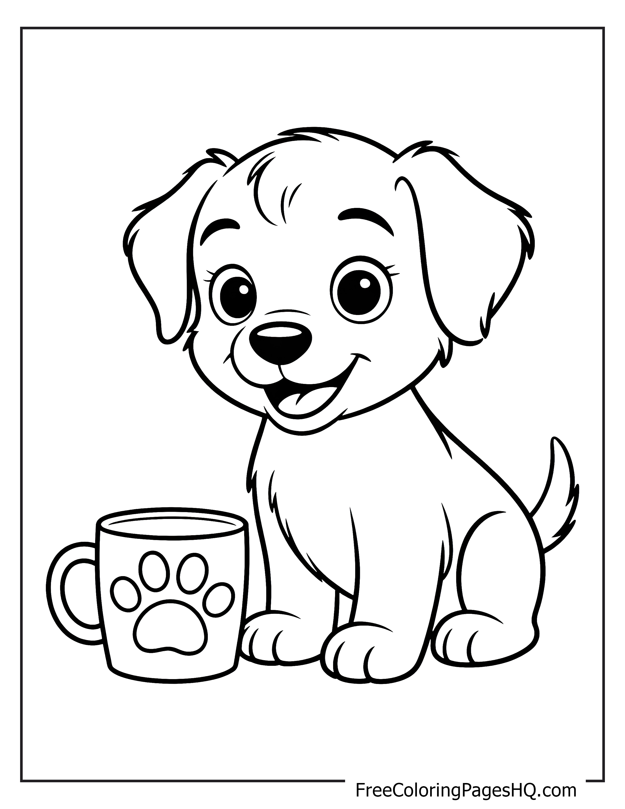 Cute puppy and paw print mug illustration.