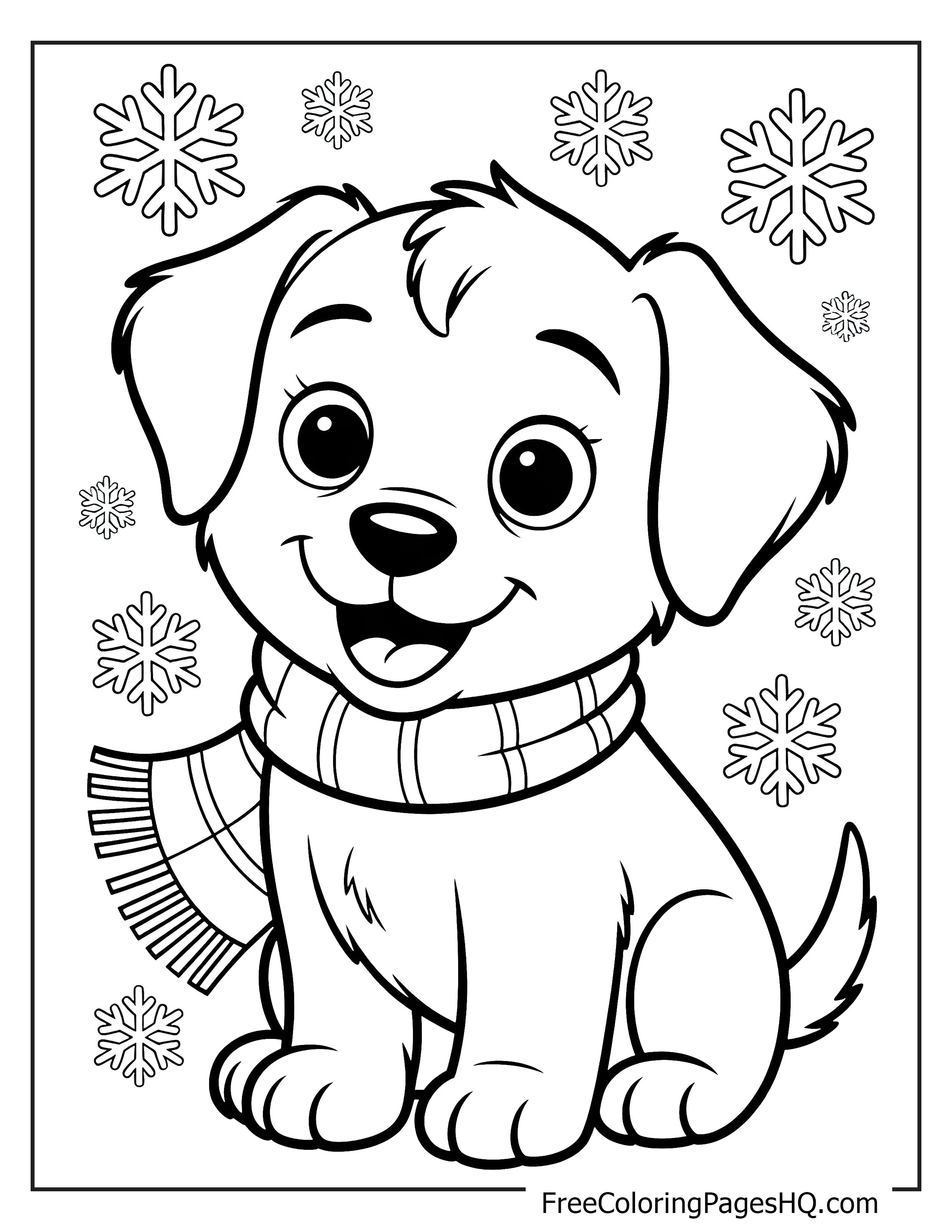 Cute puppy in a scarf with falling snowflakes.
