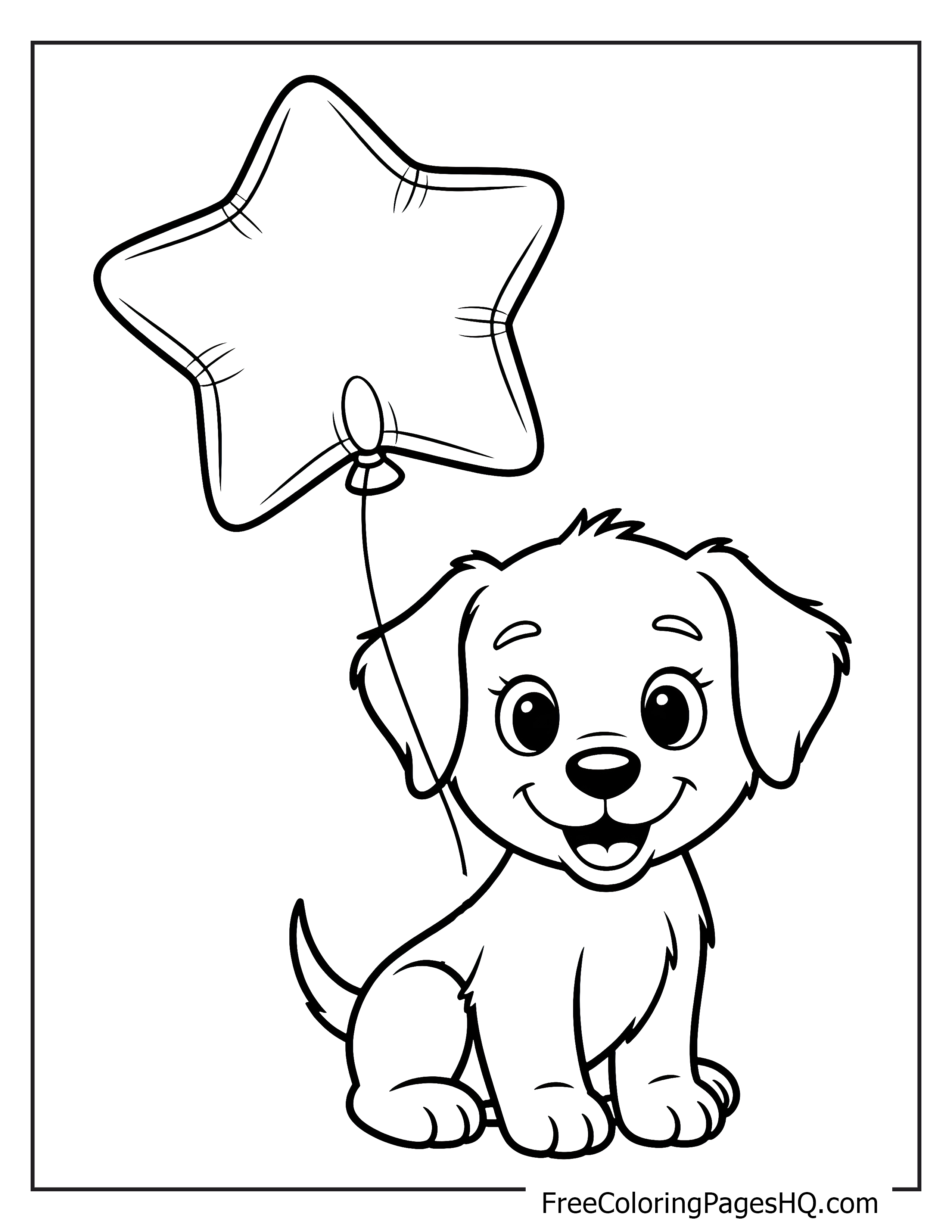 Joyful puppy holding a star balloon illustration.