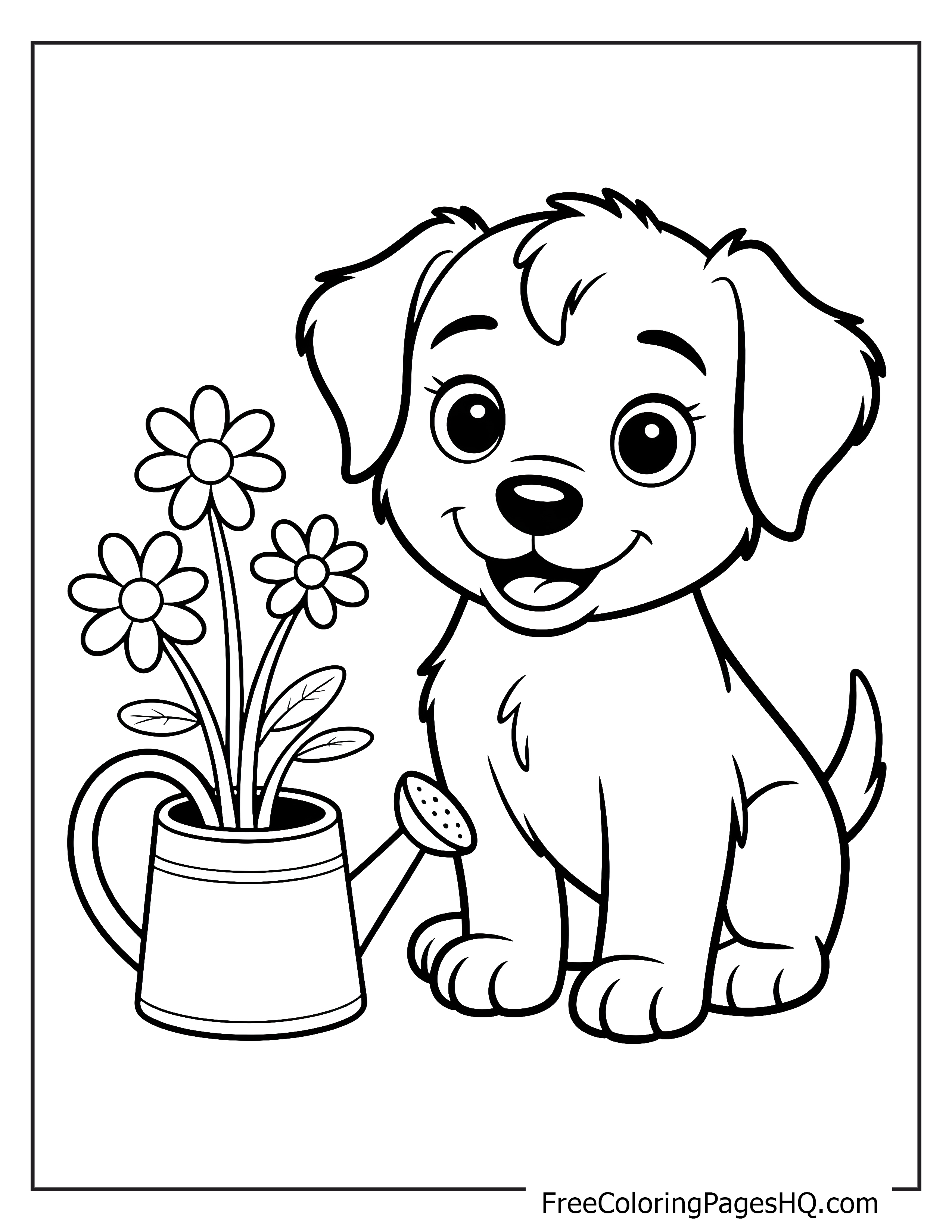 Cute puppy next to watering can and flowers.