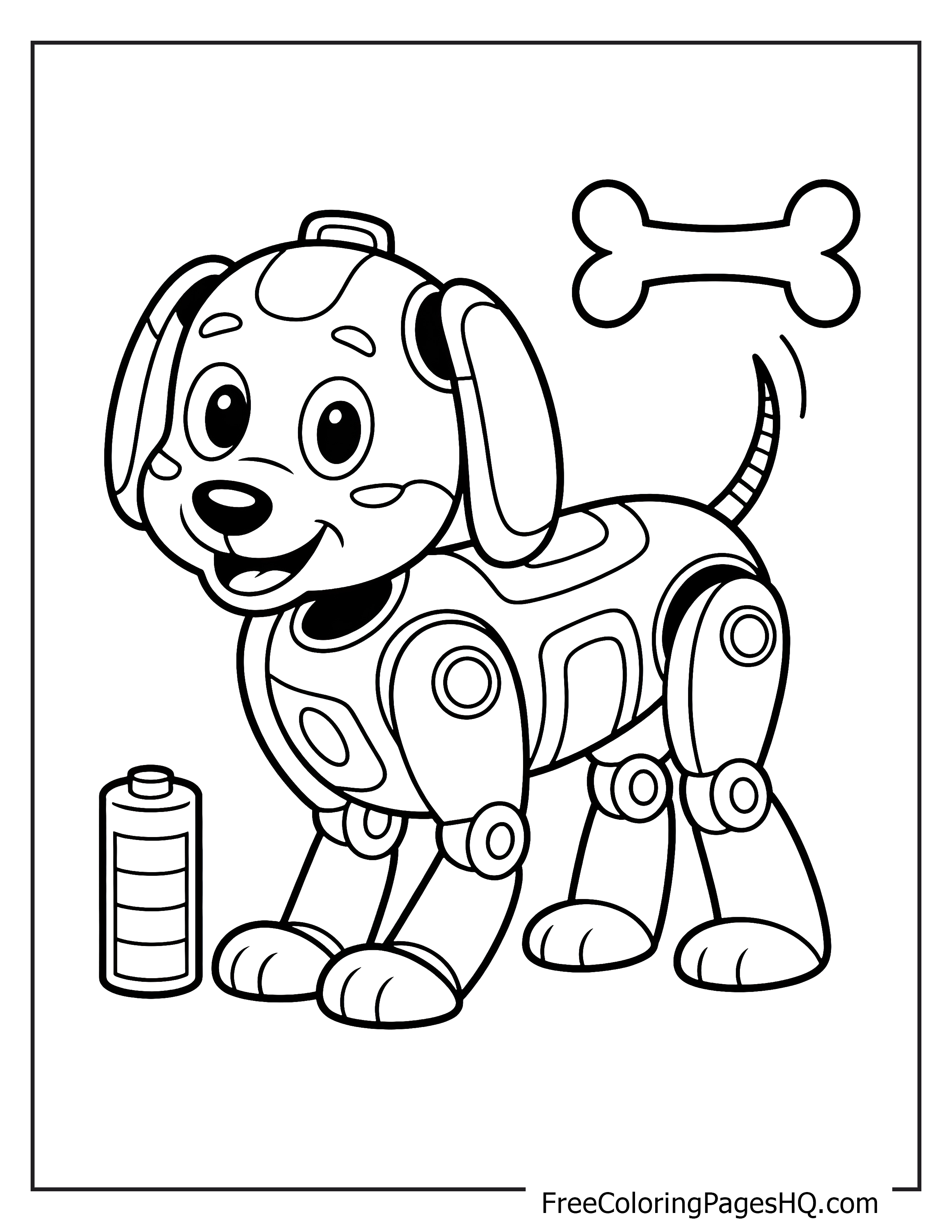 A cheerful robotic dog with a wagging tail, beside a bone and battery.