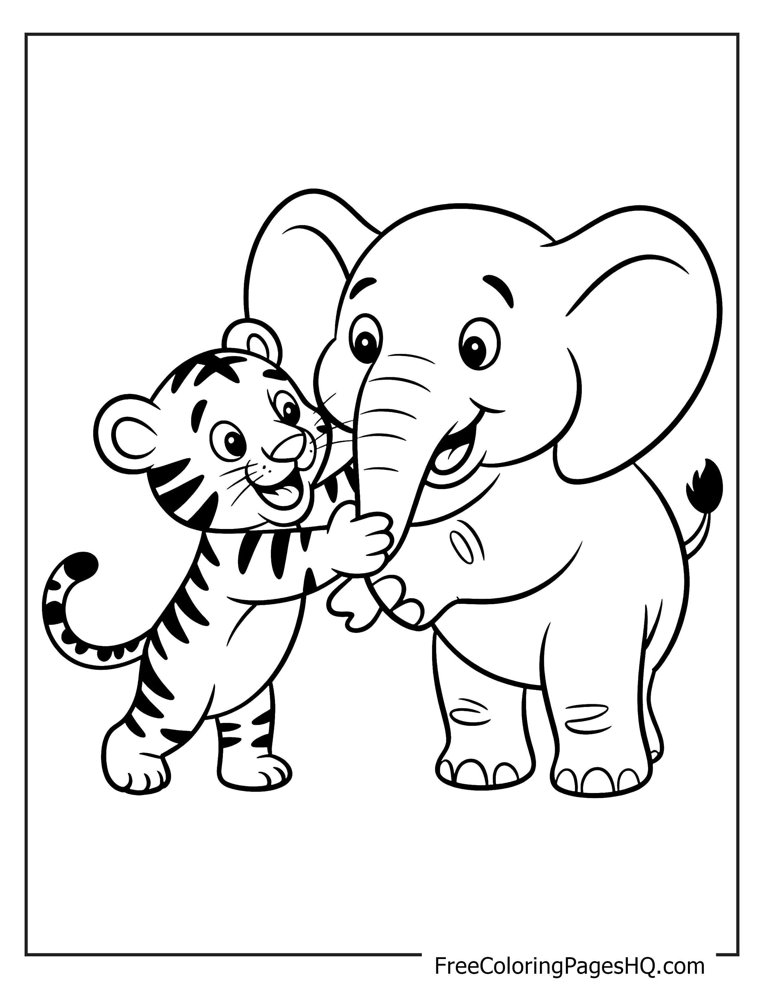 A tiger cub touching trunks with a young elephant, both looking happy.