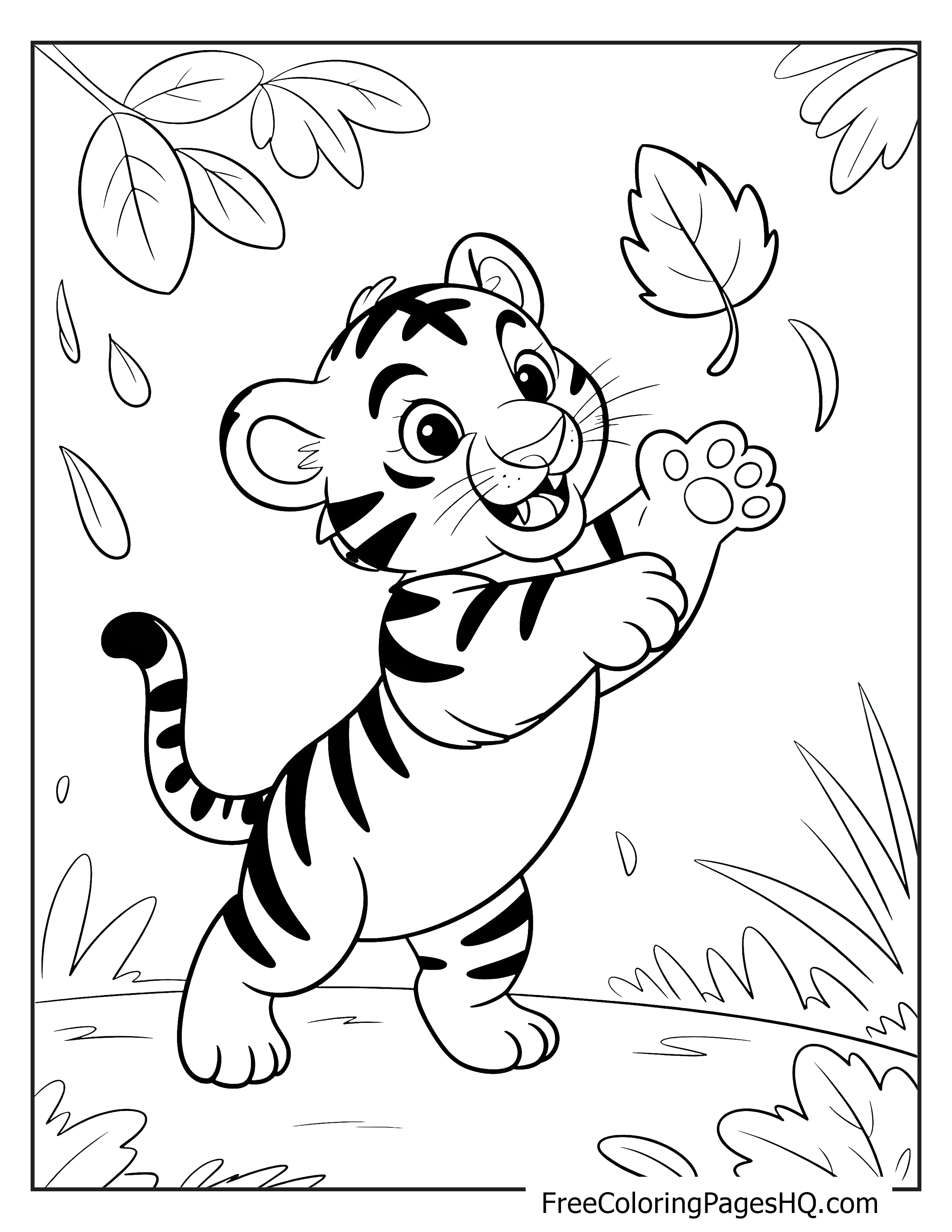 A playful tiger cub jumps to catch falling leaves in a garden.