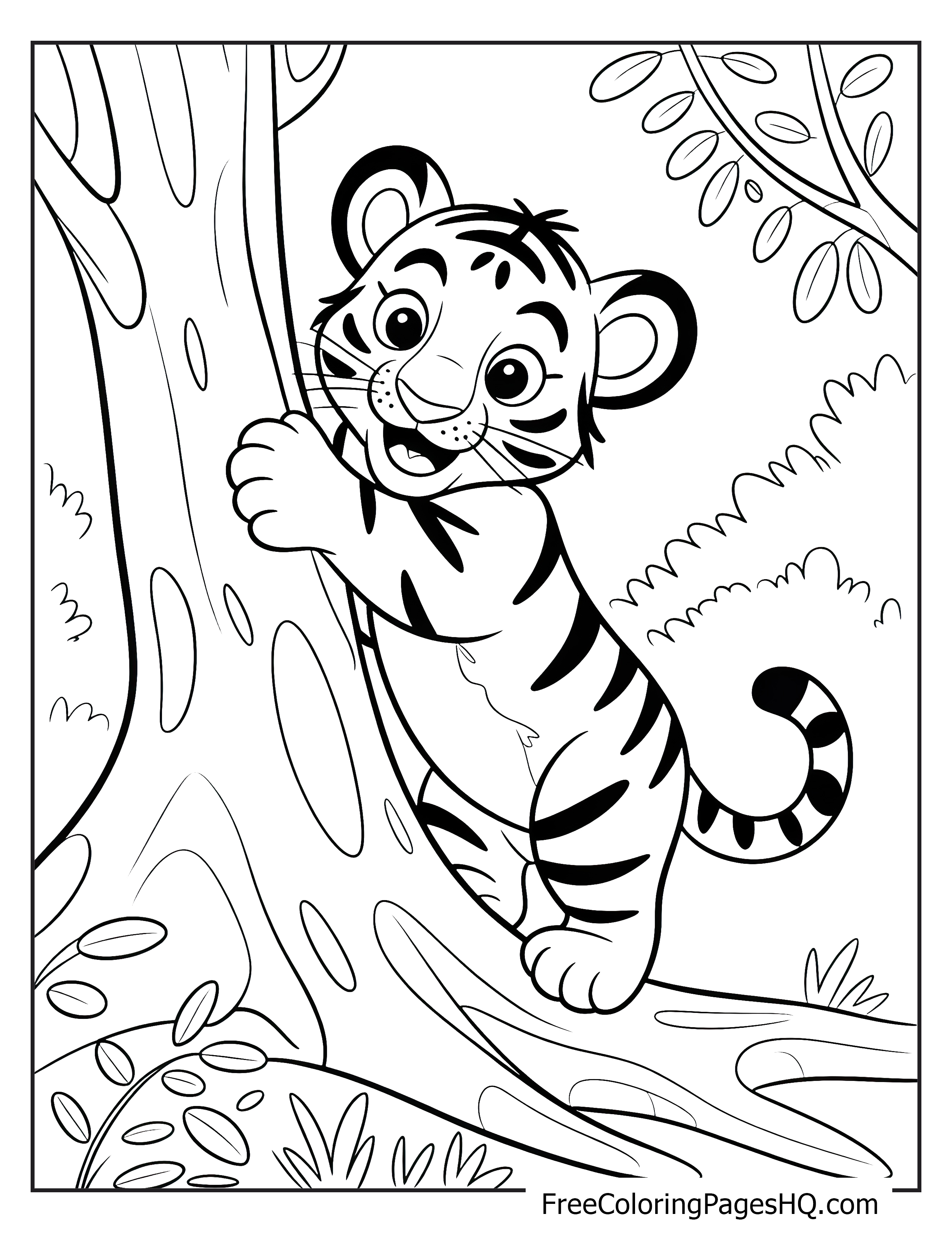 A cheerful tiger cub holding onto a tree in a leafy setting.