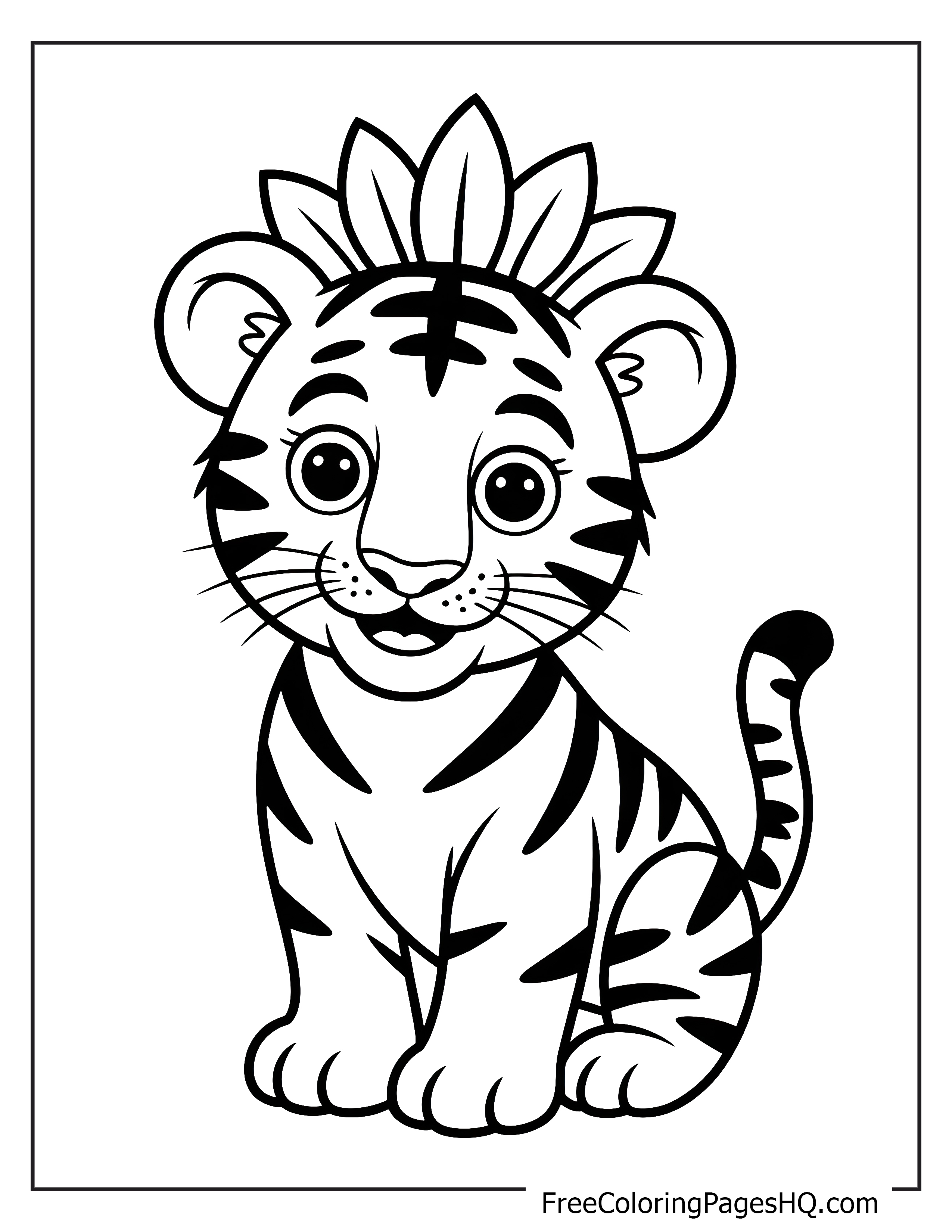 A smiling tiger cub with a leafy crown sits calmly.