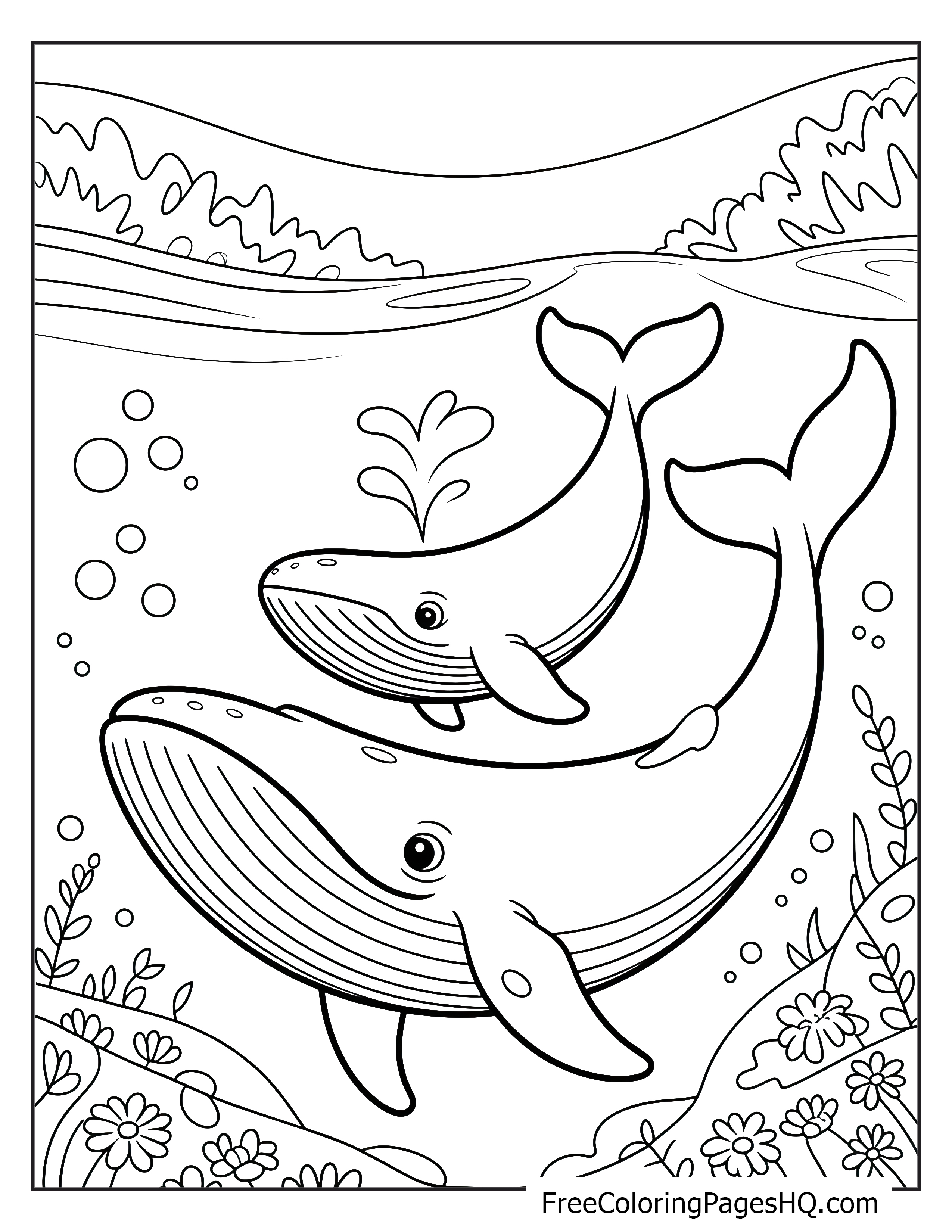 Two whales enjoy a playful swim surrounded by aquatic plants and bubbles.