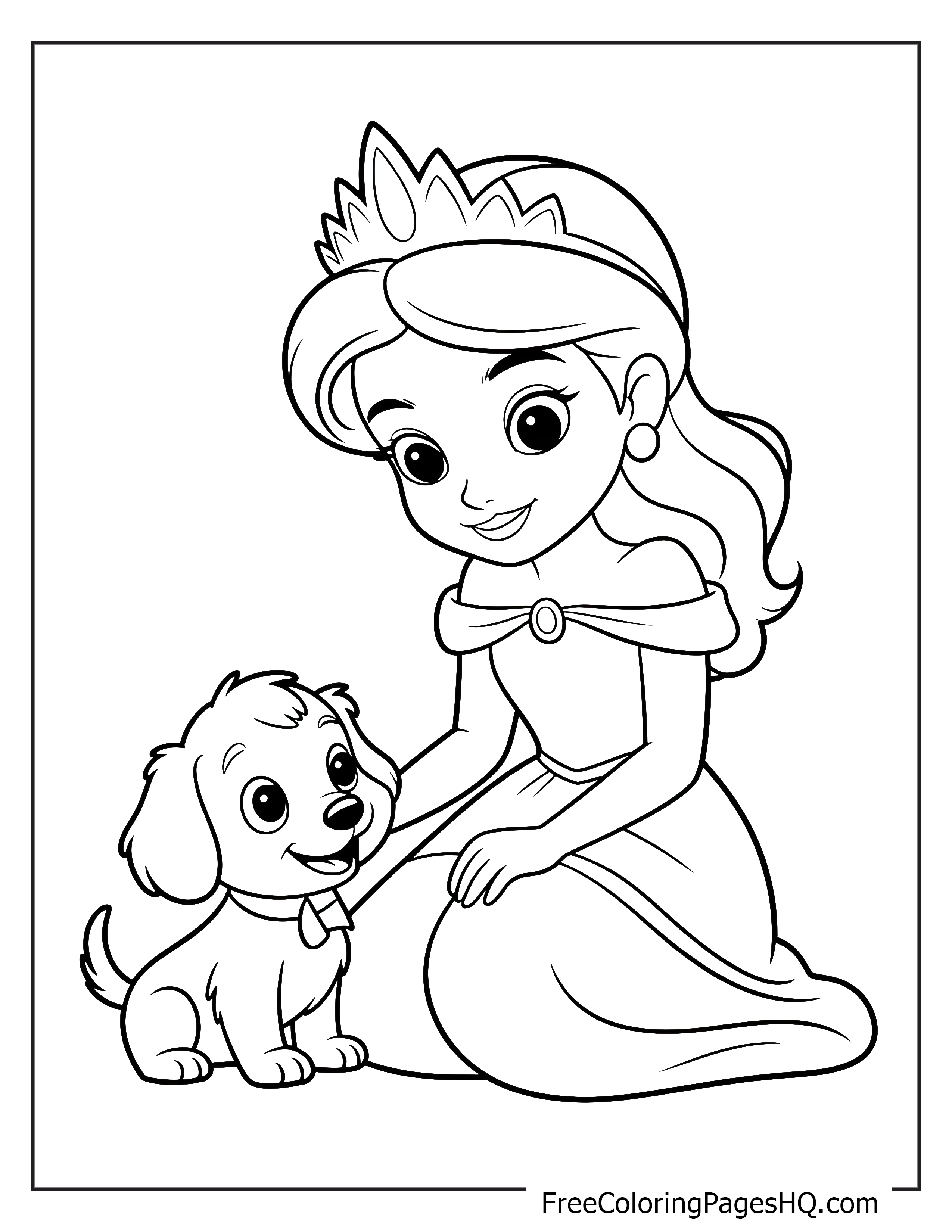 A princess in a gown and crown pets a sitting puppy, both smiling.