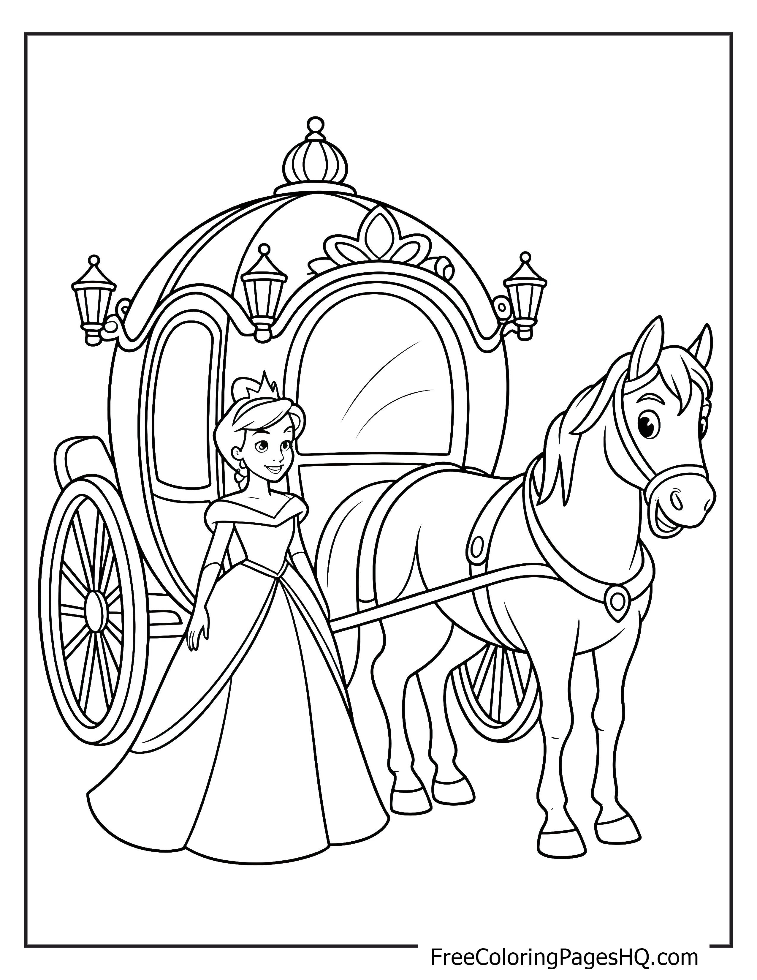 A princess stands next to her grand carriage and horse.