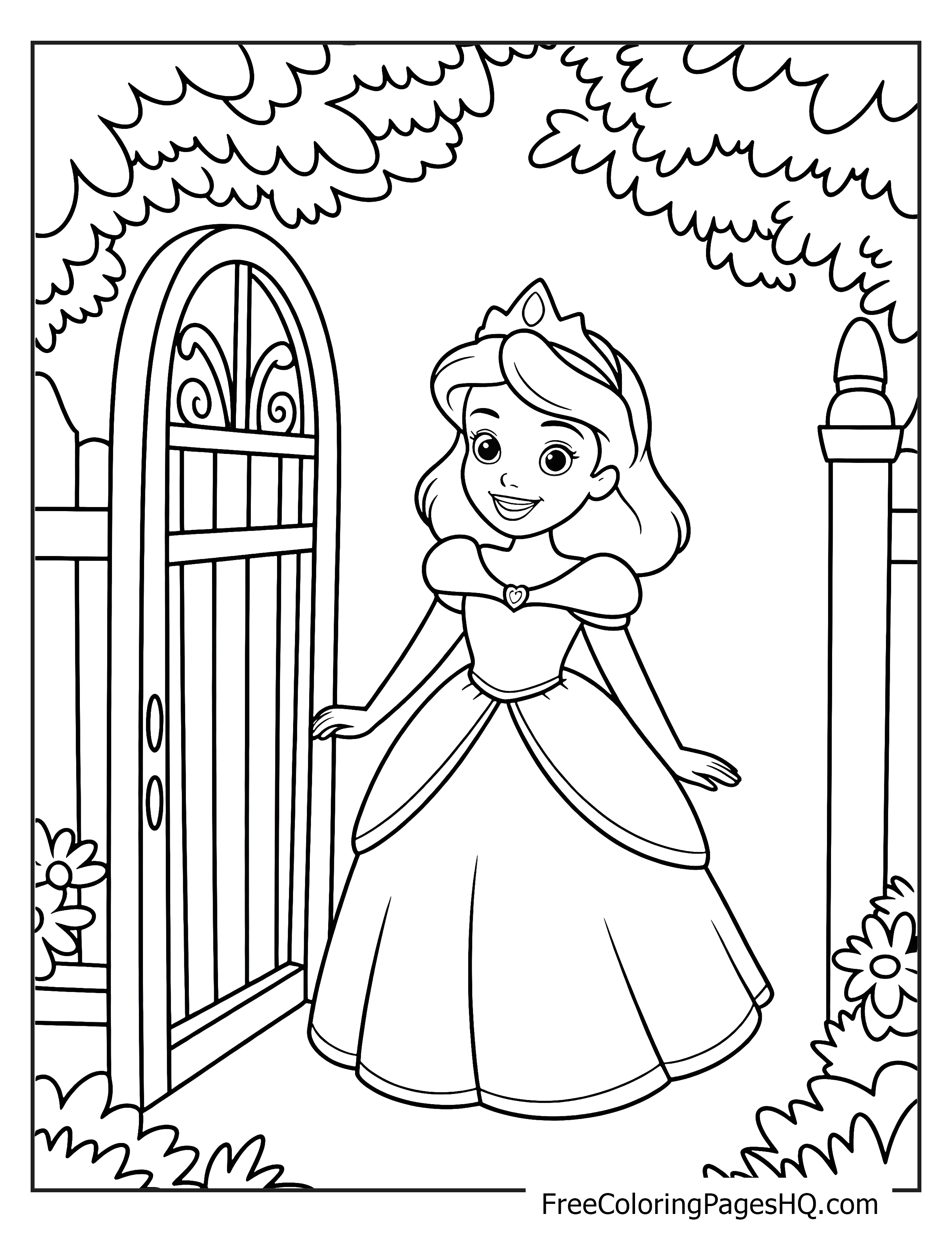 A princess happily stands by an open garden gate with leafy trees around.