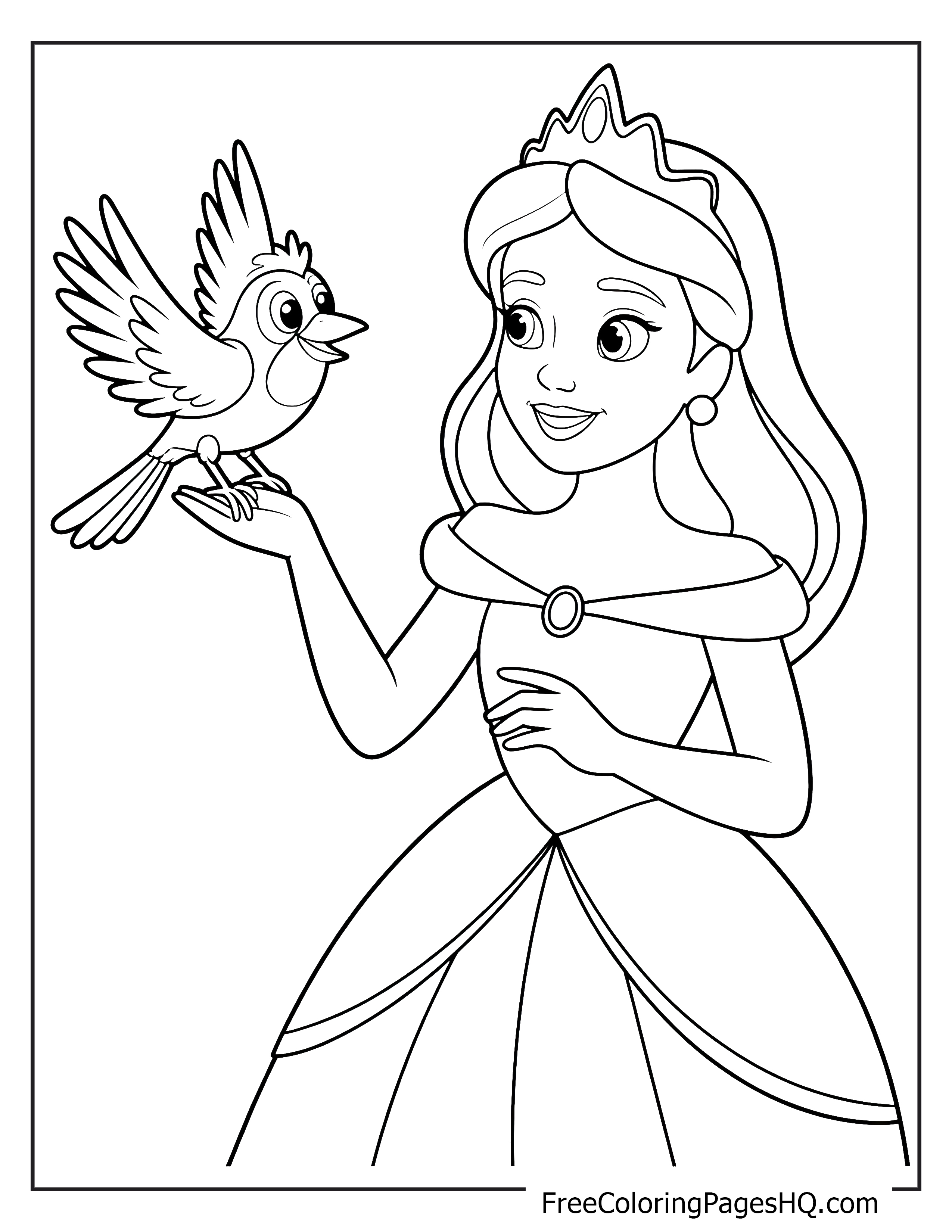 Princess talking to a bird sitting on her hand.