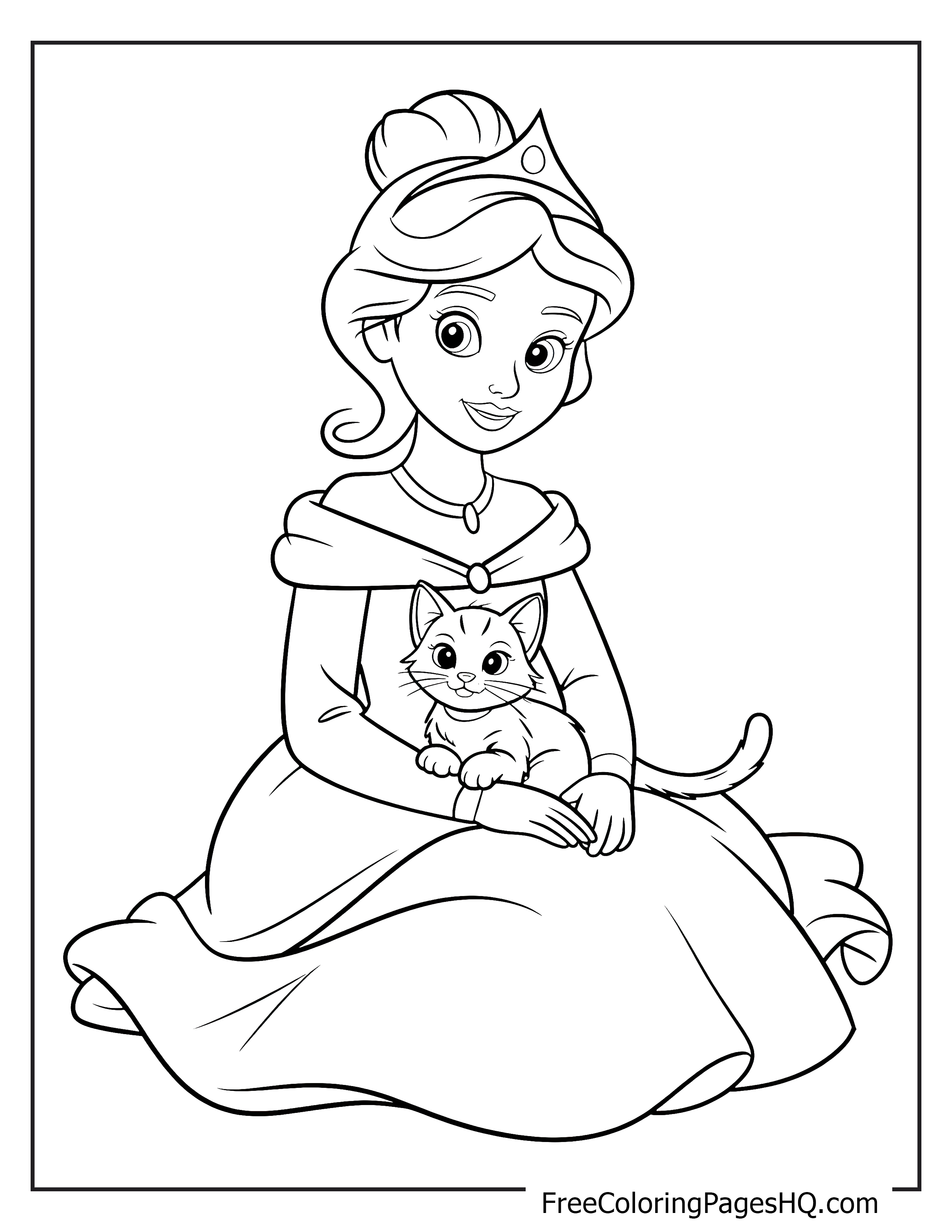 Princess in a gown with a kitten on her lap.