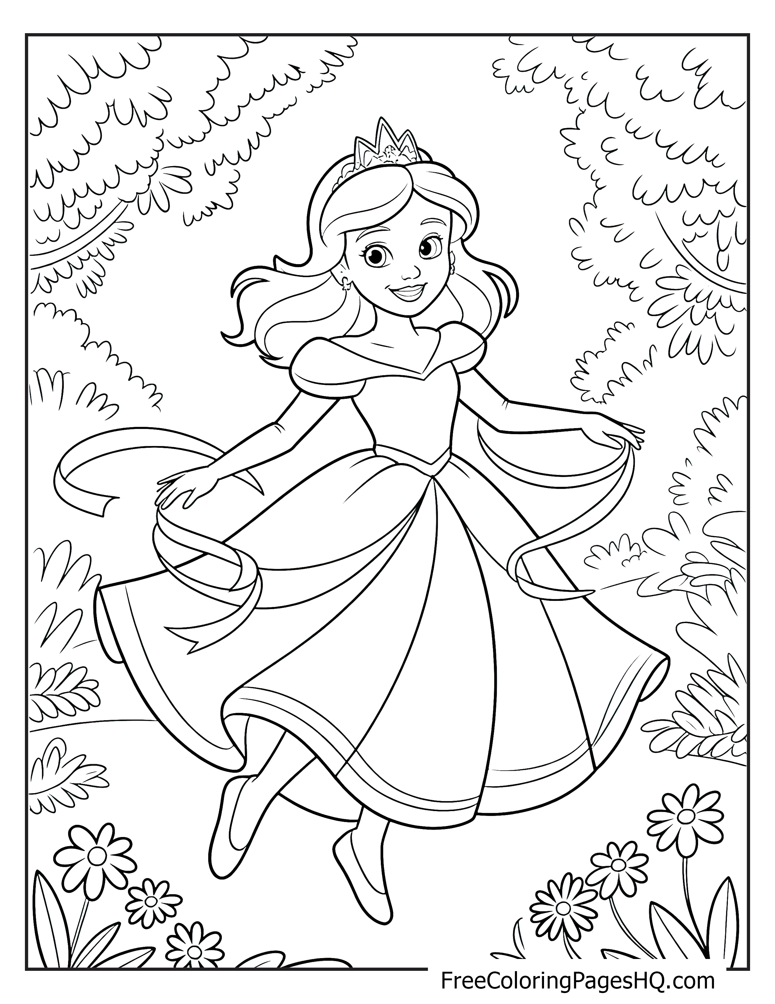 Princess in a flowing dress dancing in a forest clearing with flowers and trees.
