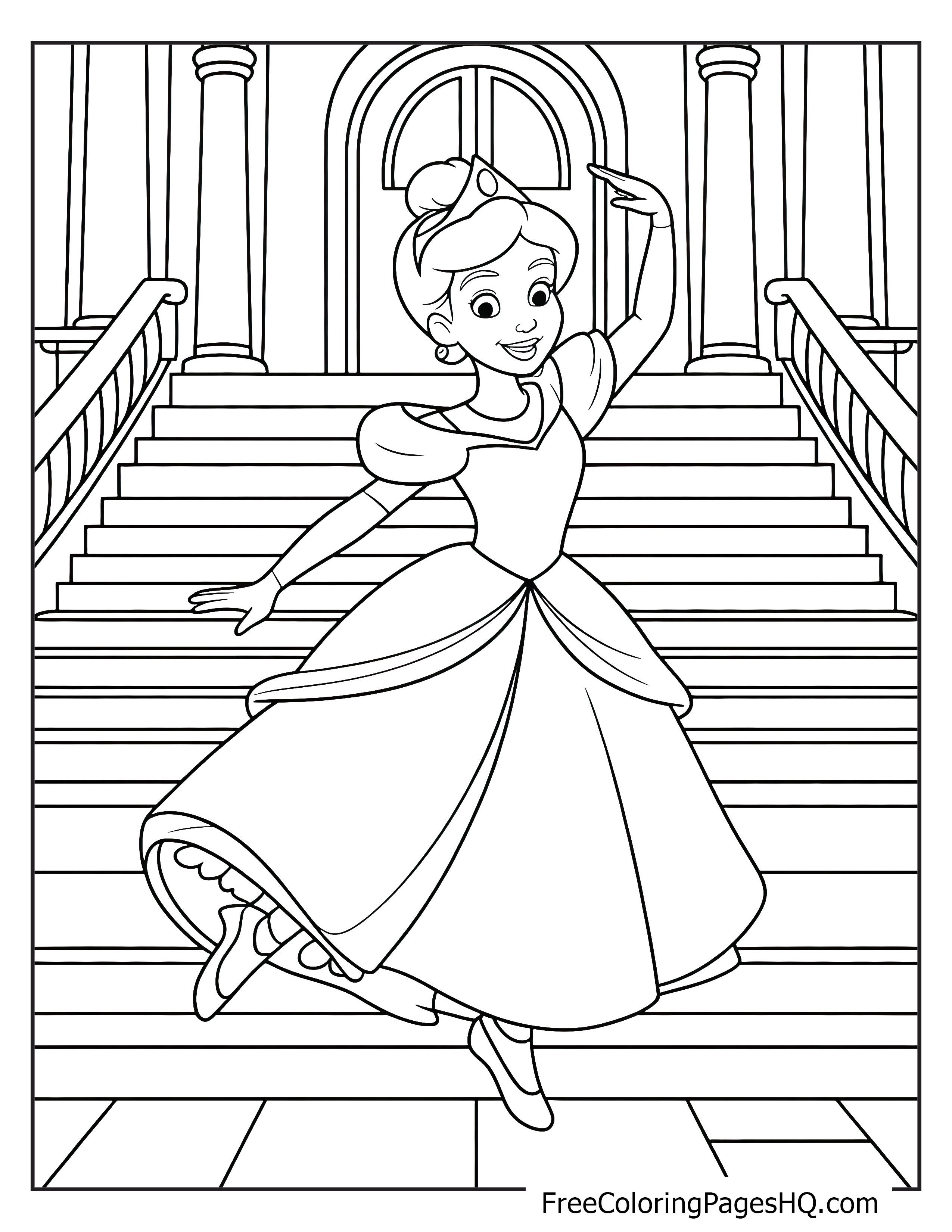 A princess in a ball gown dances on the steps of a castle.