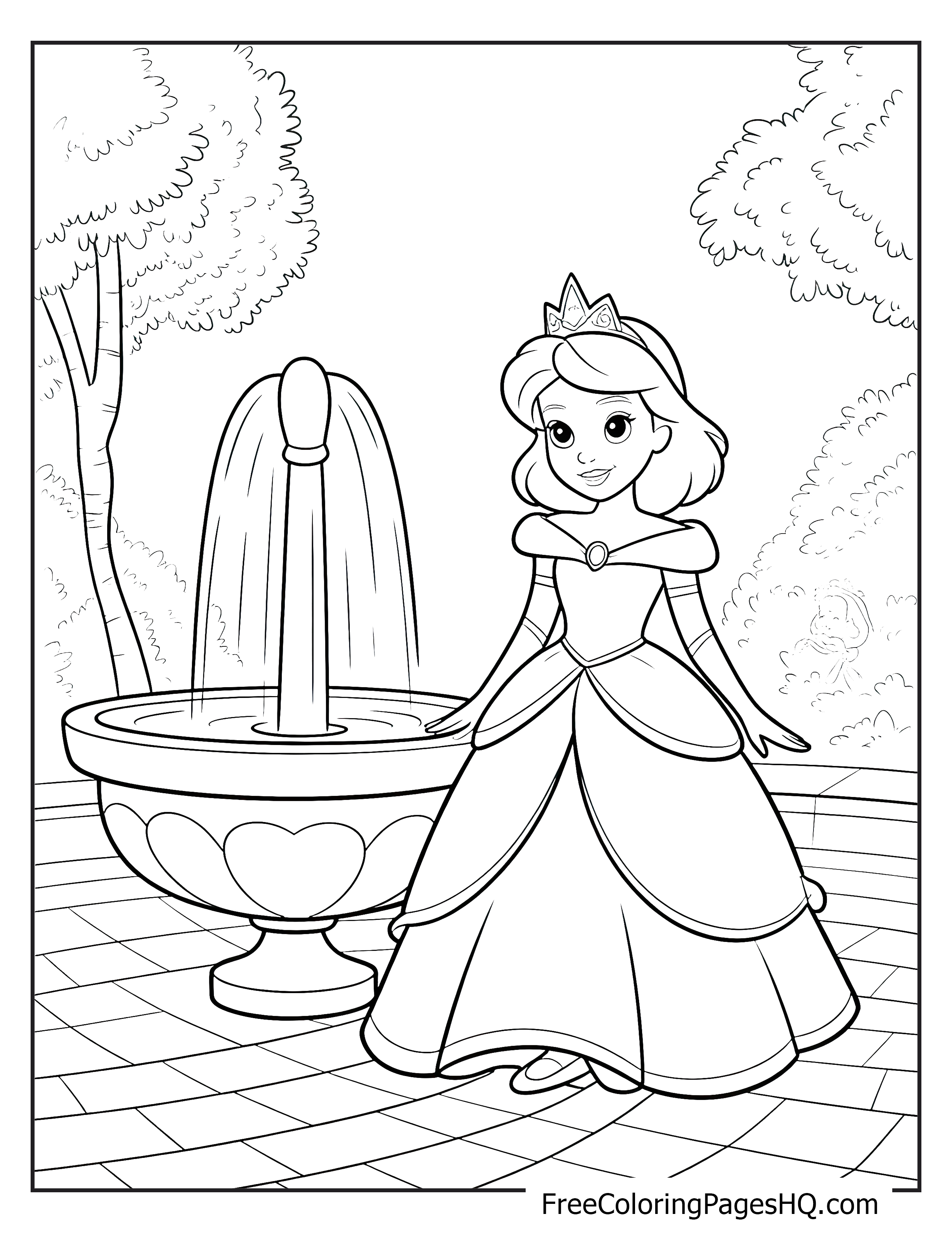 Princess standing by a fountain in a garden with trees.