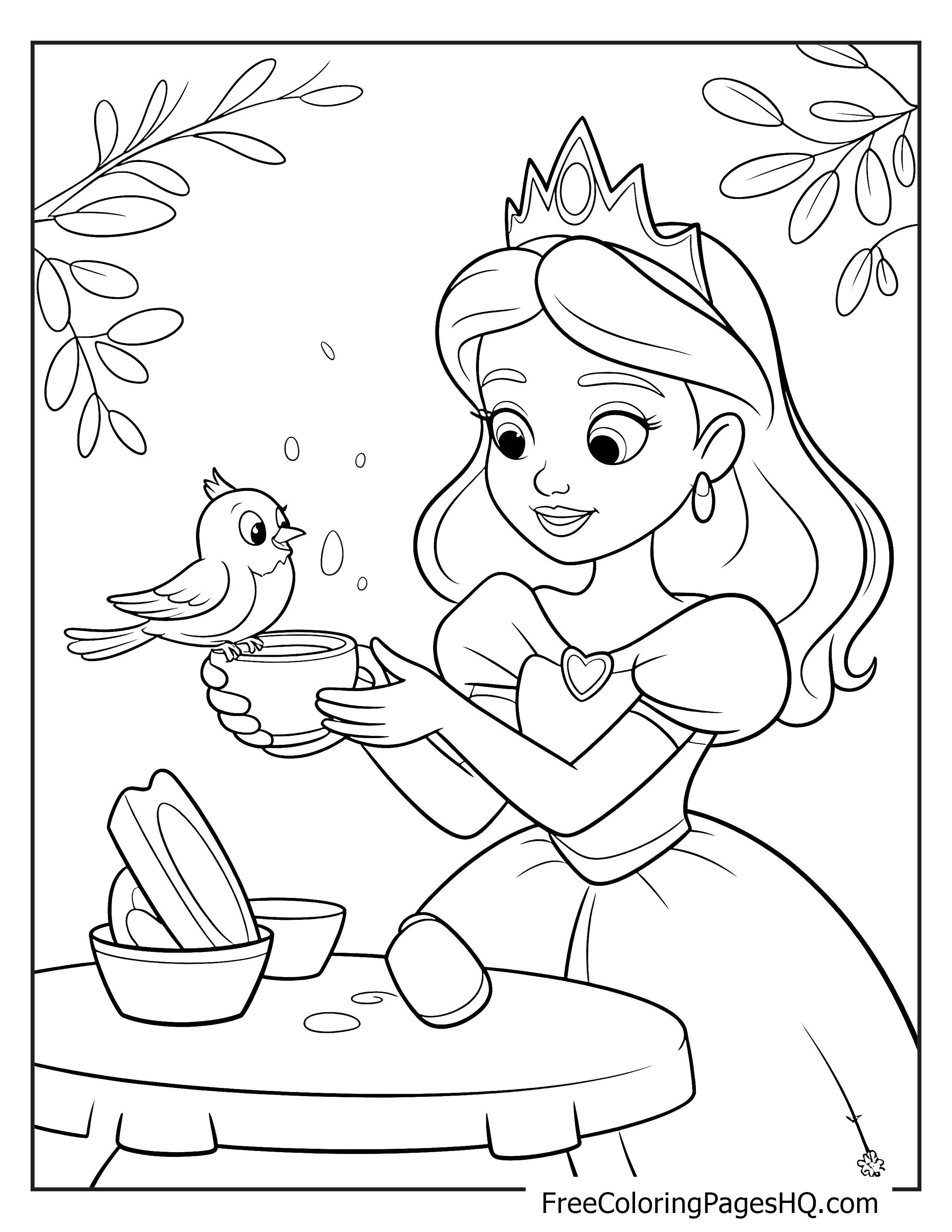 A princess in a gown holds a bowl as a bird chirps beside her table.