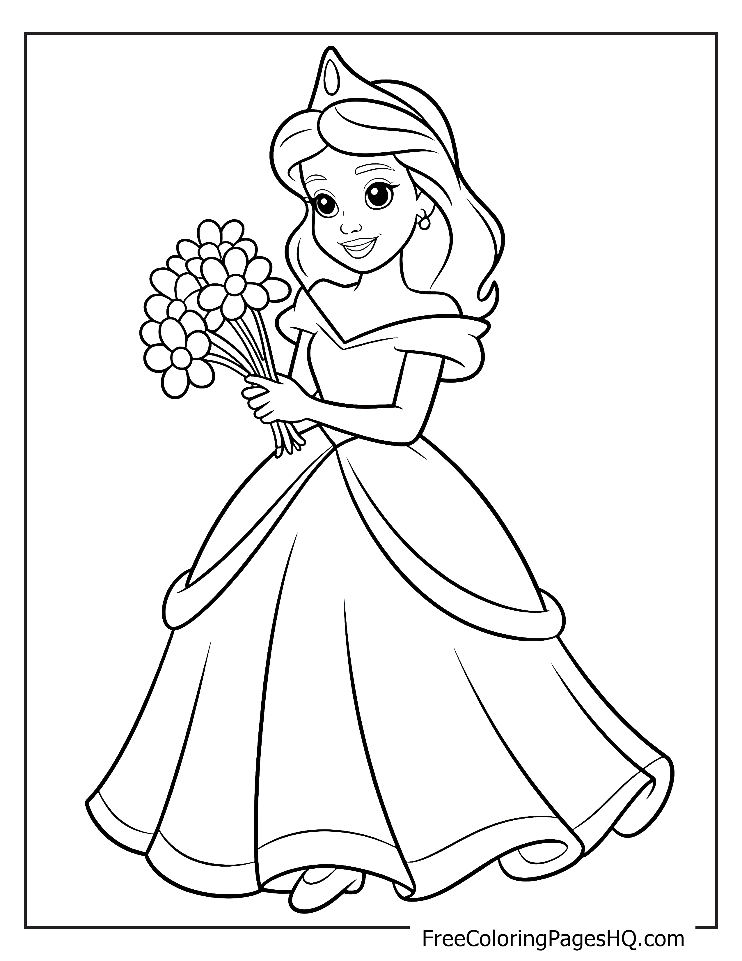 A princess happily holding a bouquet of flowers.