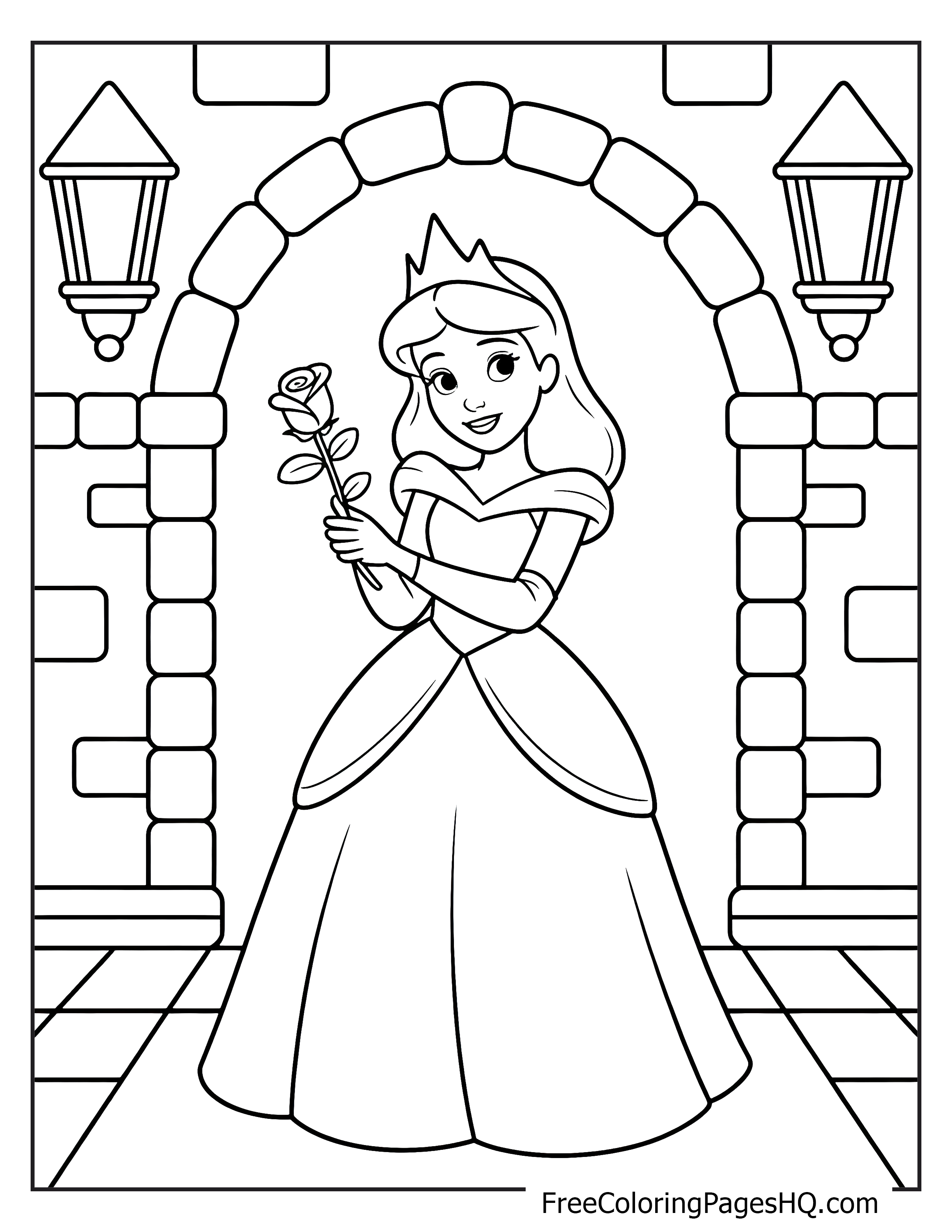 Princess under an archway holding a rose and smiling.