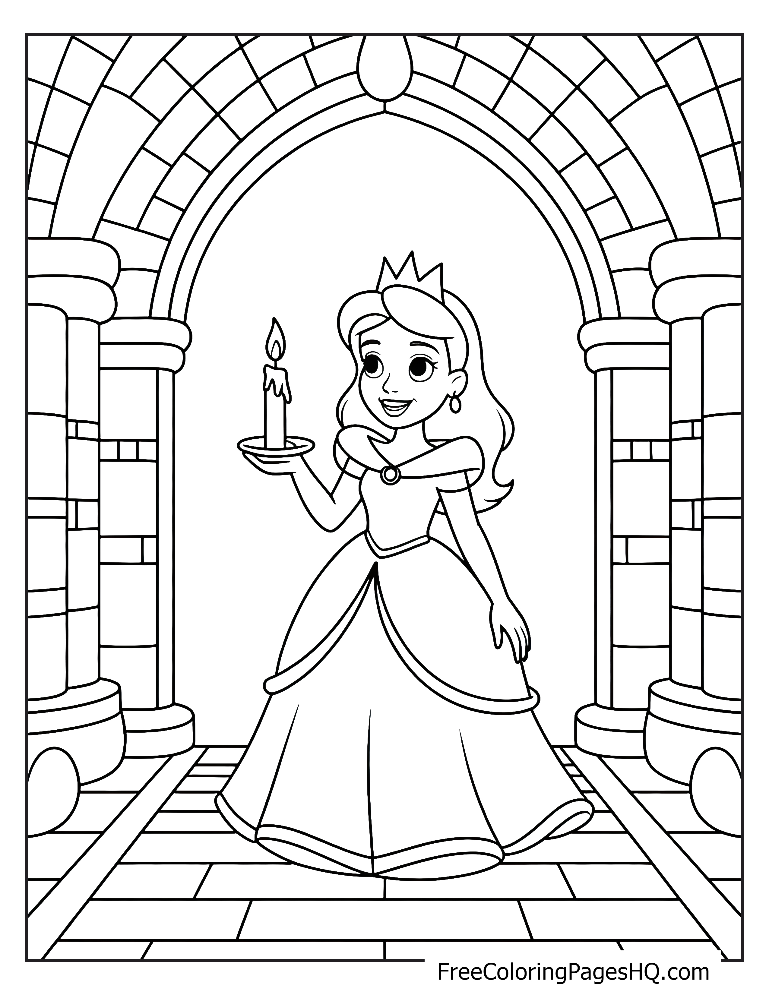 A smiling princess with a candle stands in an arched castle corridor.