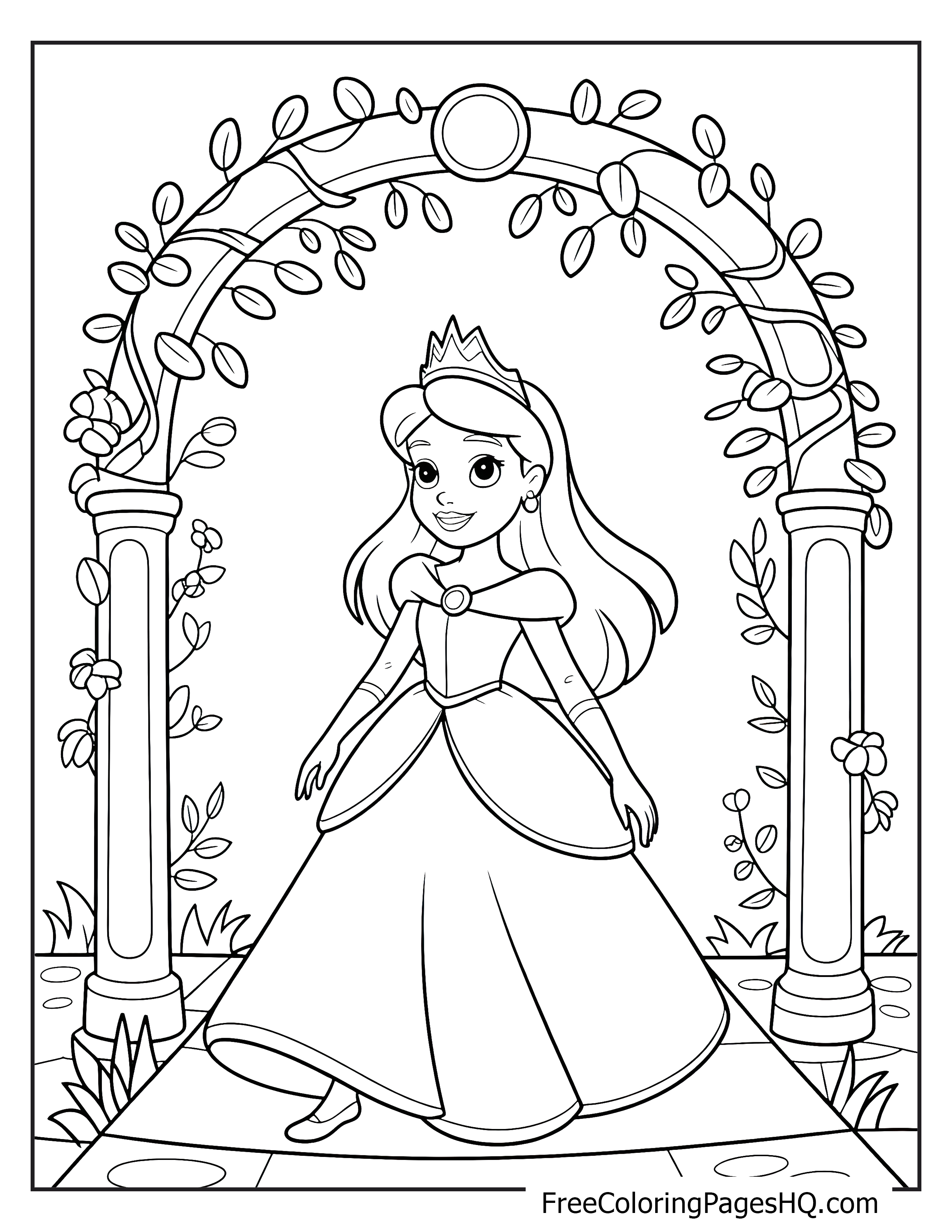 A princess with a crown walks beneath a floral archway.