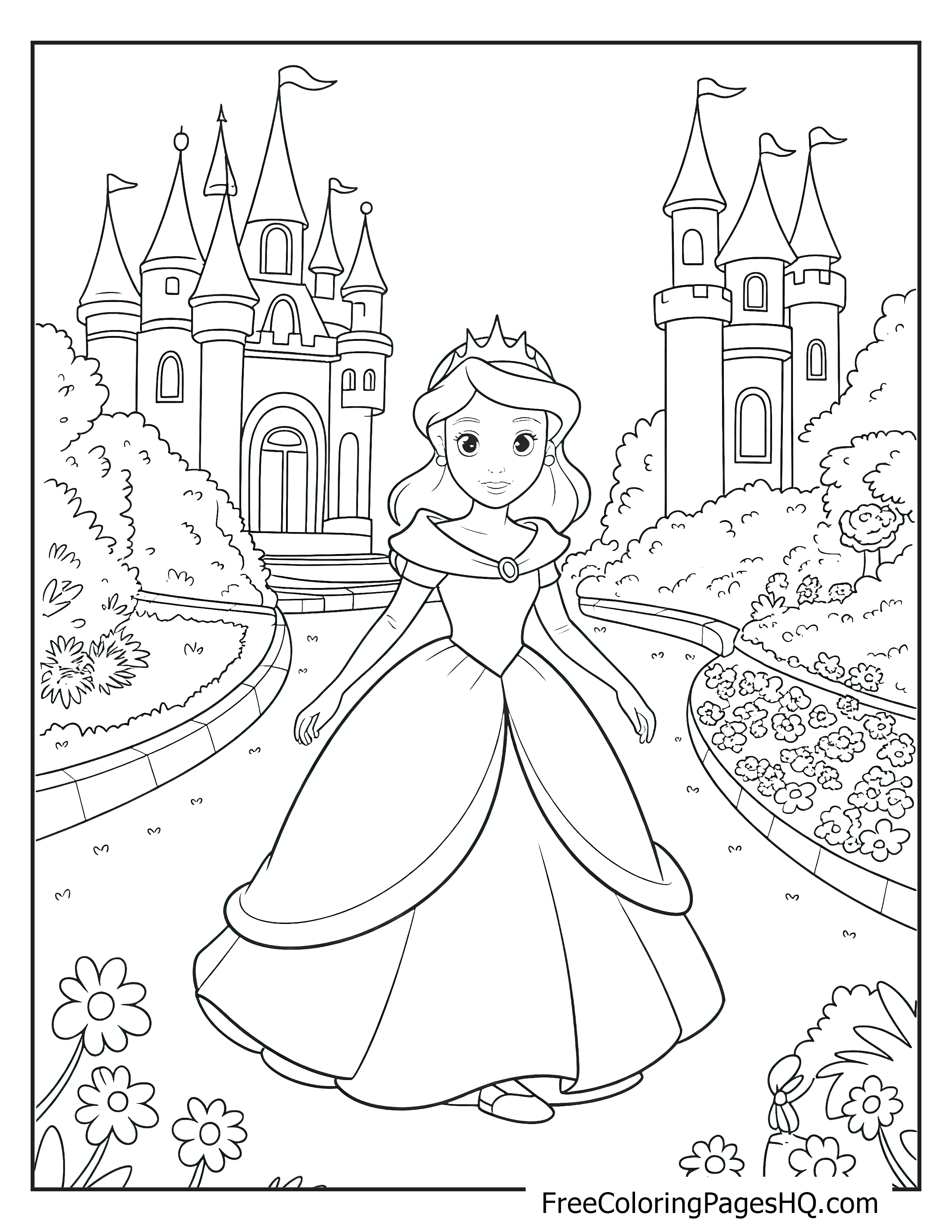 A princess strolls in a garden near a grand castle.