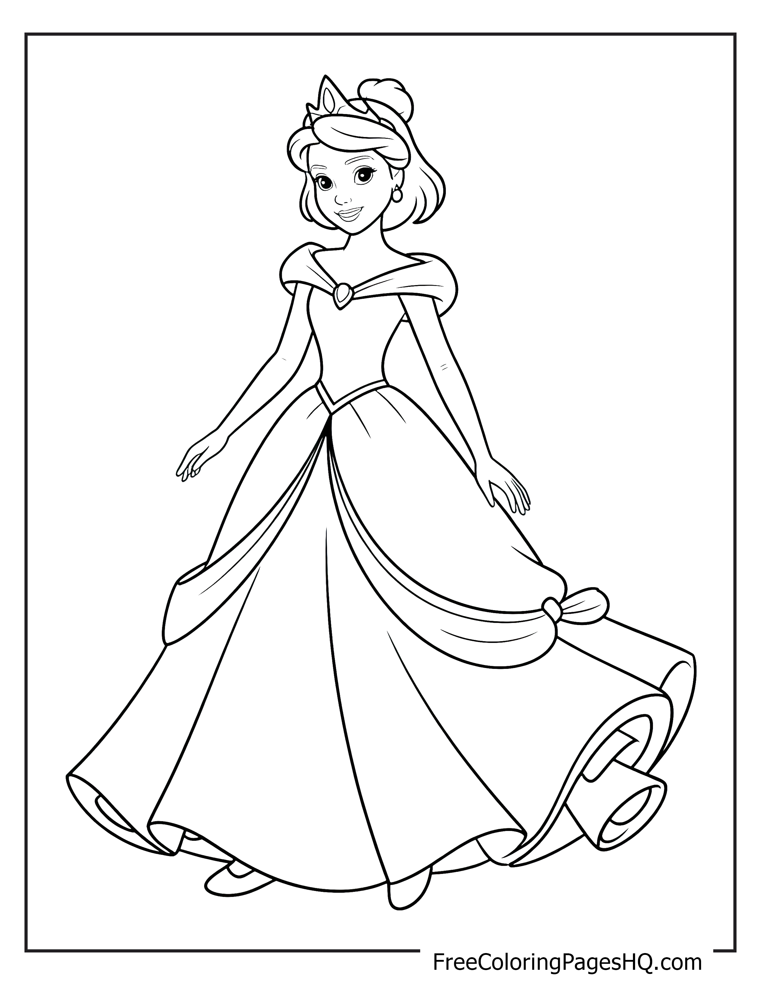 A princess in a flowing dress with a tiara, smiling warmly.