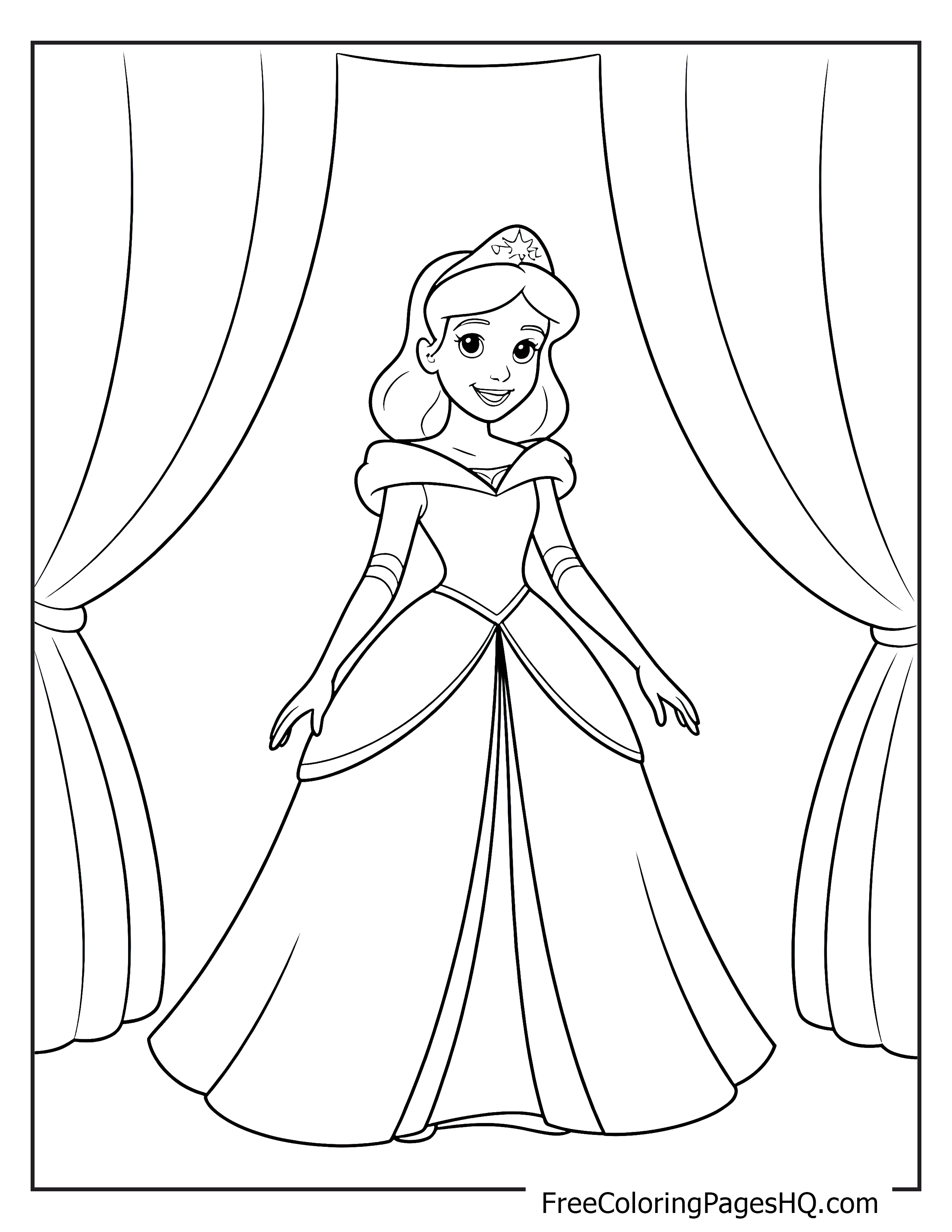 A princess wearing a beautiful gown stands between large curtains, smiling.