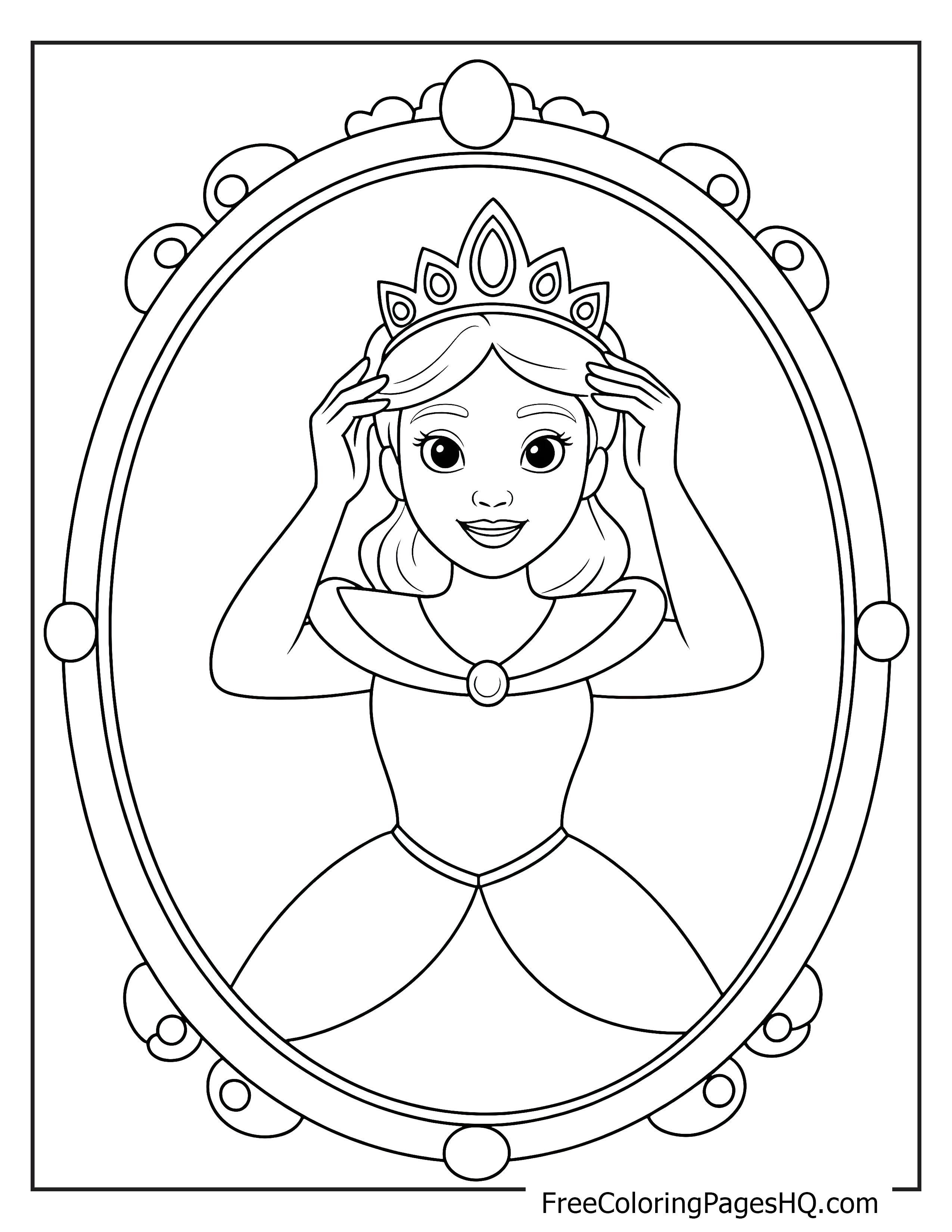 A princess adjusting her crown in front of a decorative oval mirror.