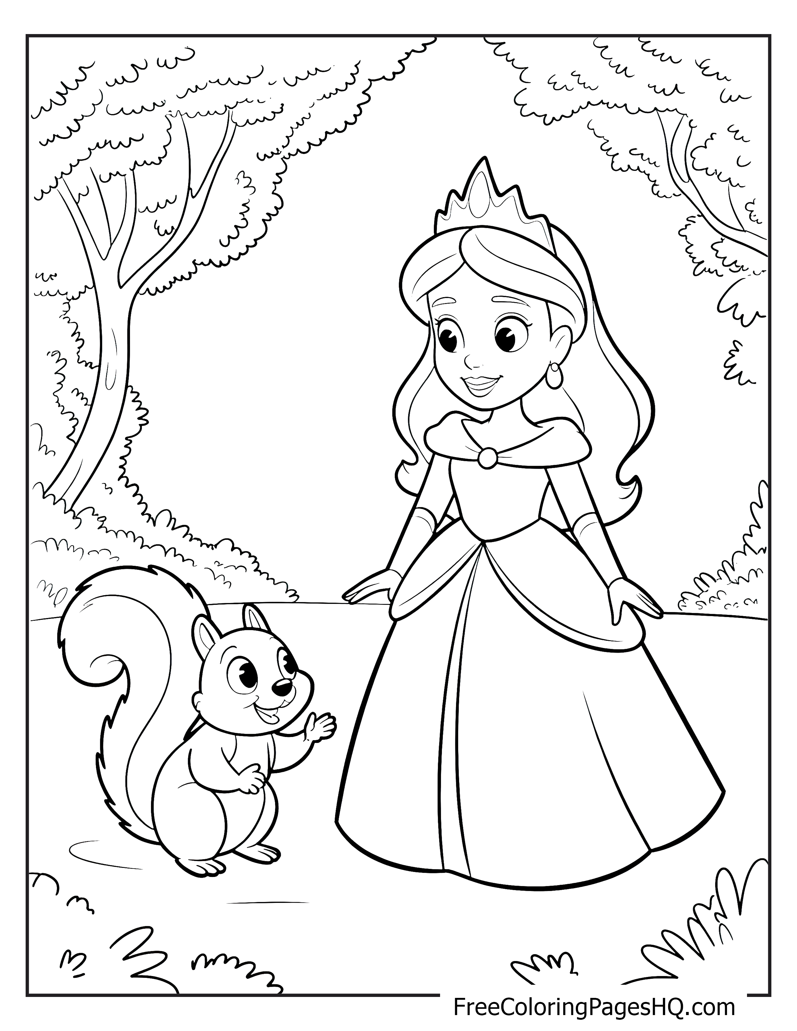 A princess in a gown happily interacting with a squirrel in a forest setting.