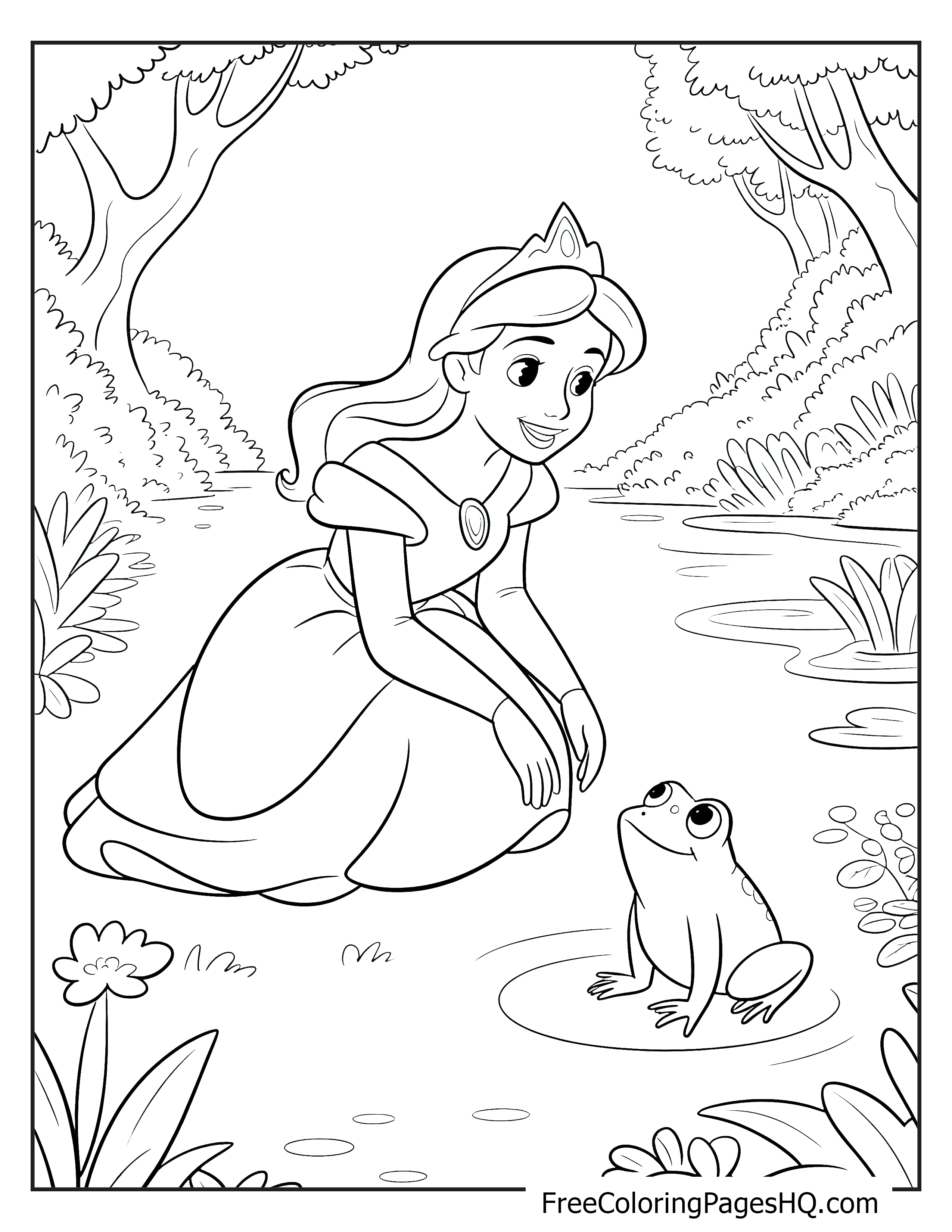 A princess kneels by a pond, smiling at a friendly frog in a forest setting.