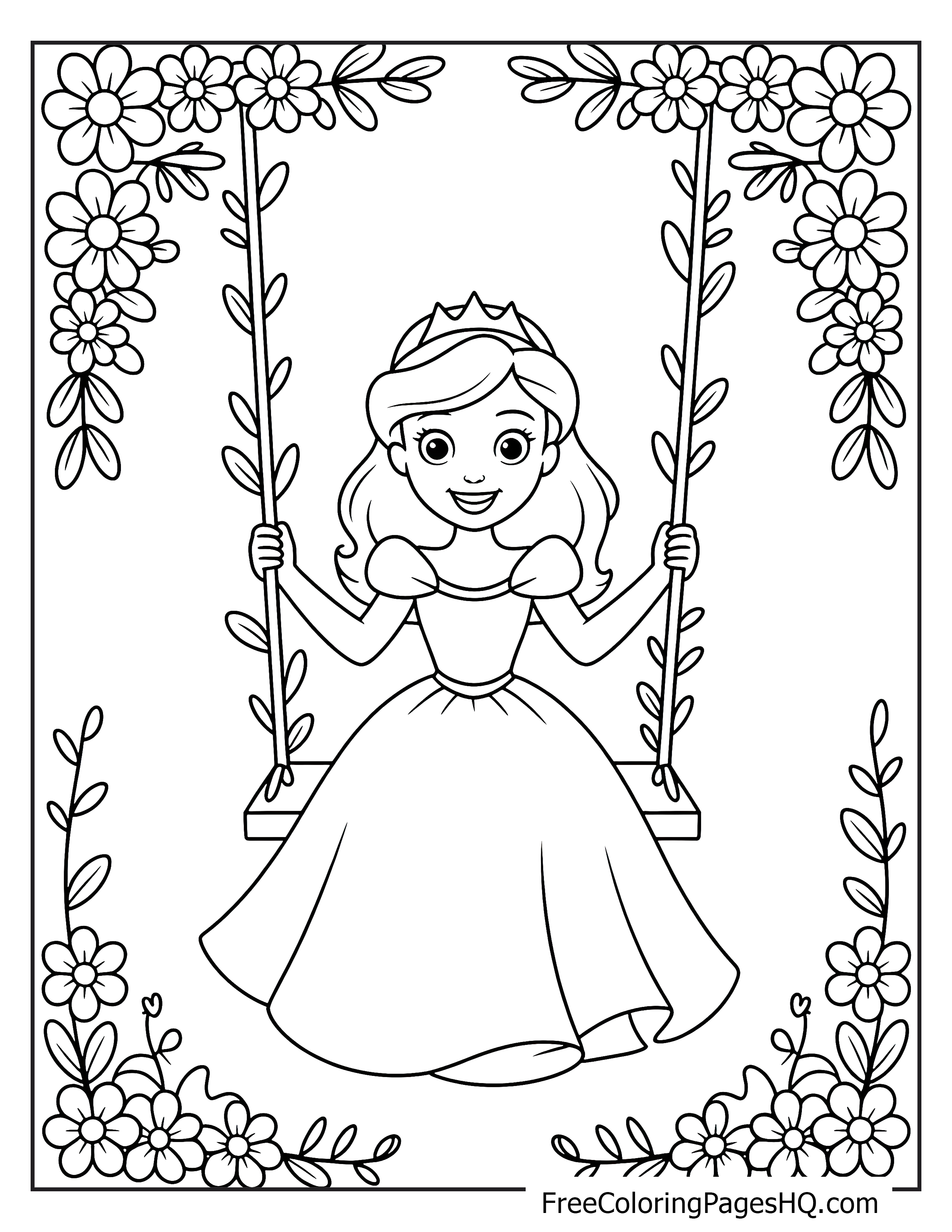 A smiling princess in a gown sits on a swing with flowers around her.