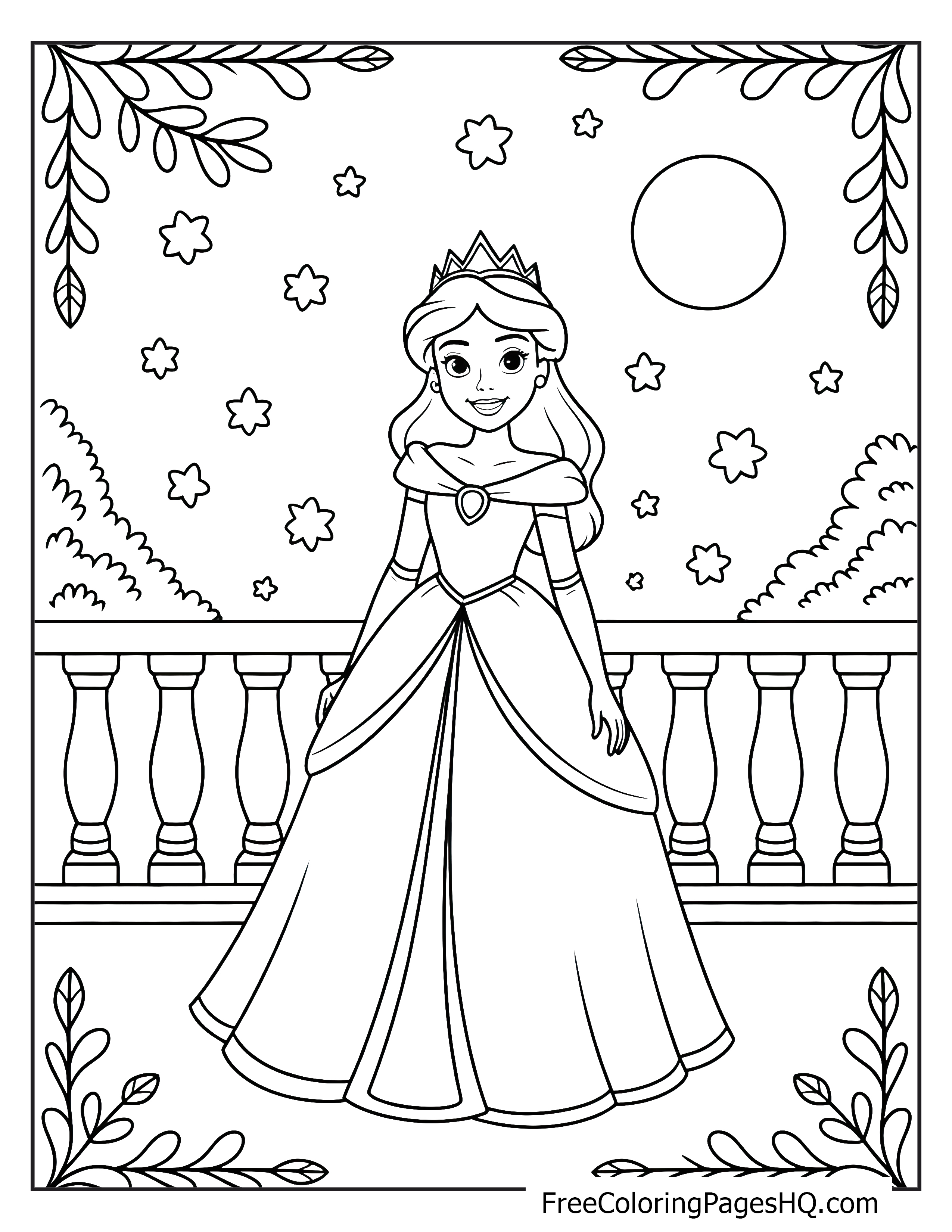 Princess standing on a balcony with stars and moon in the background.
