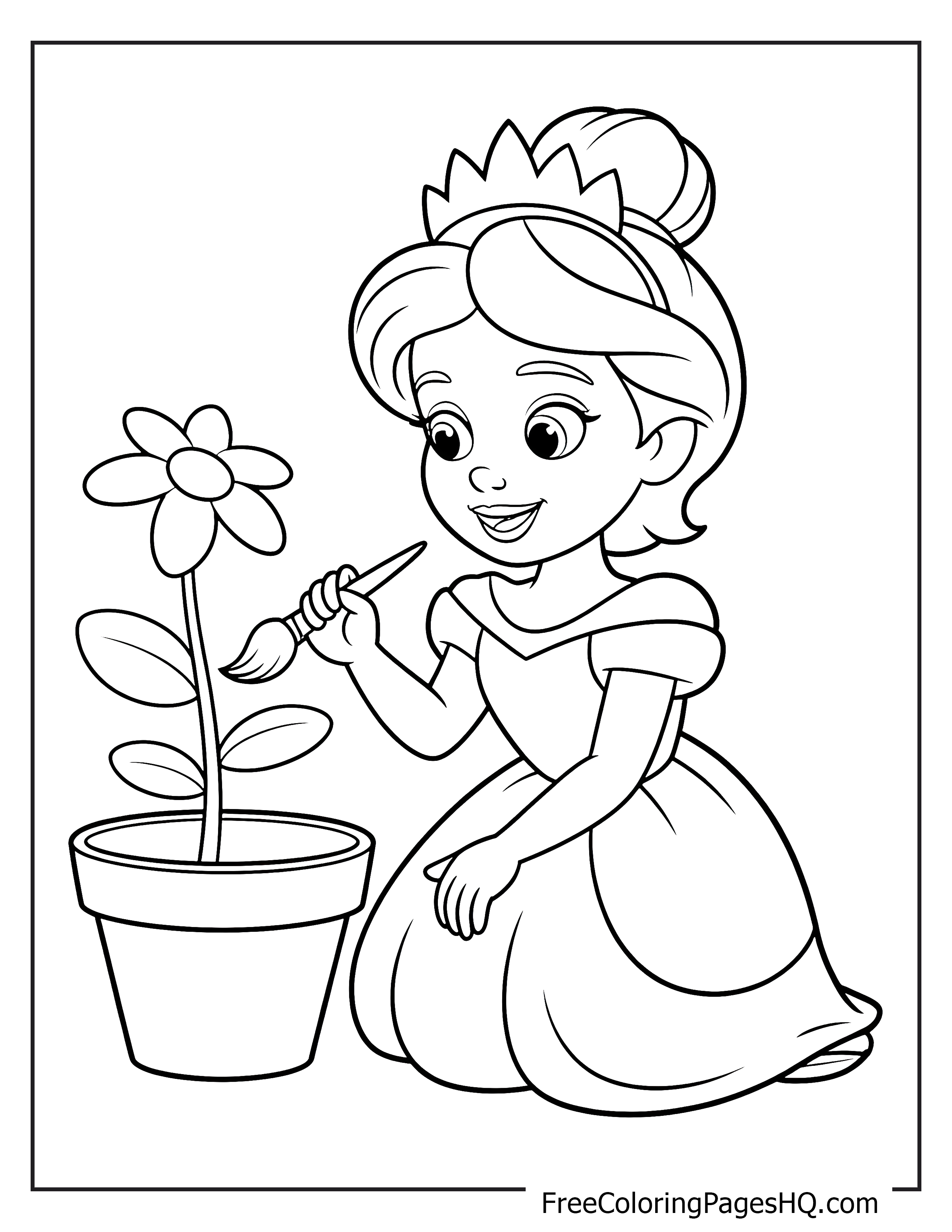 Cheerful princess in a dress painting a potted flower.