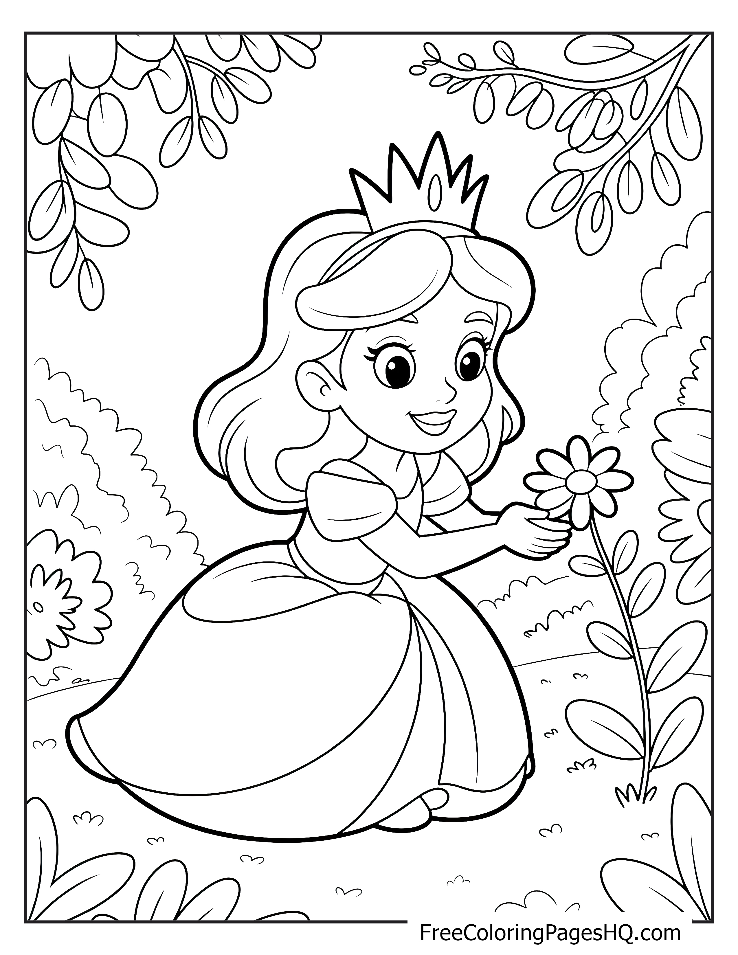 Young princess selecting a flower in a lush, leafy garden.