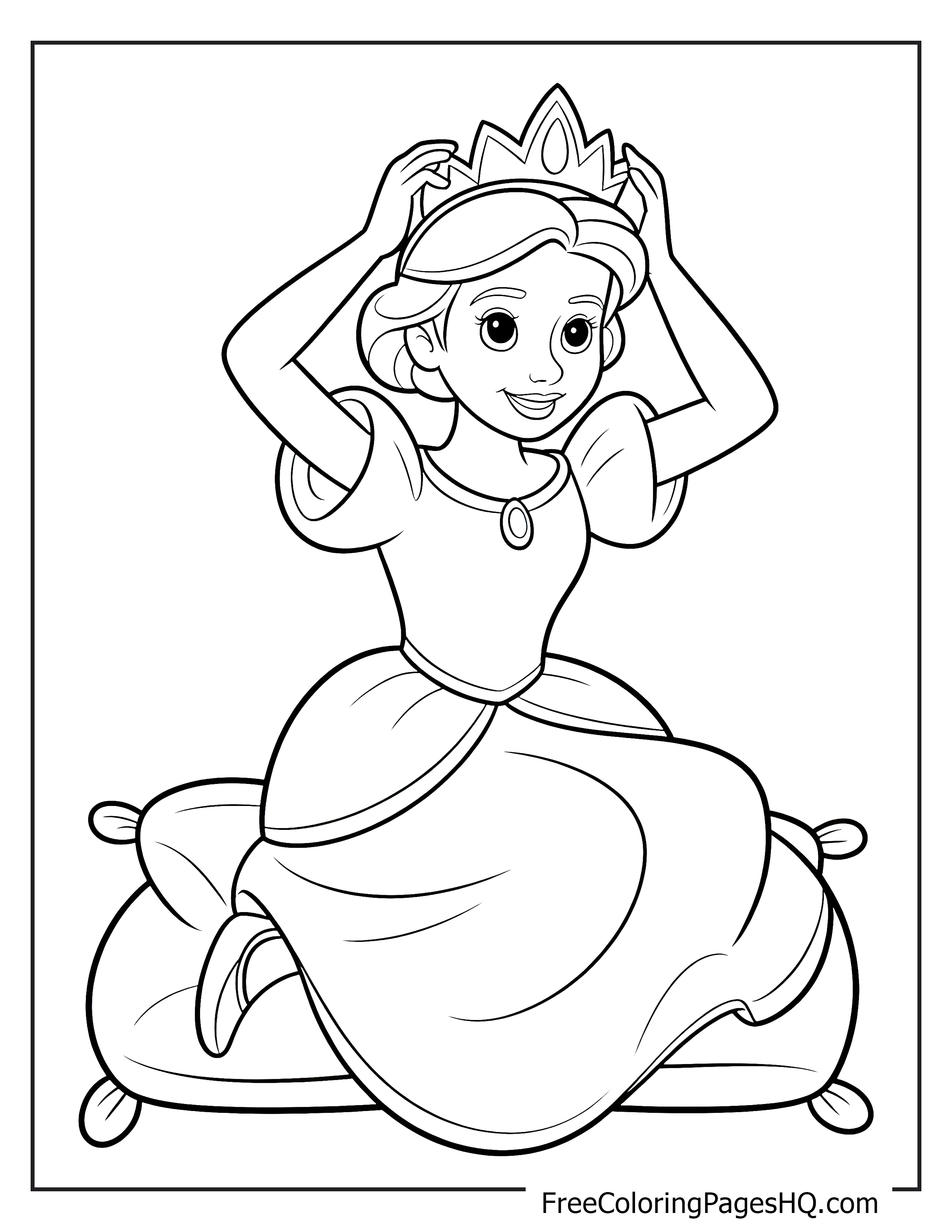 A princess kneels on a cushion, joyfully adjusting her crown.