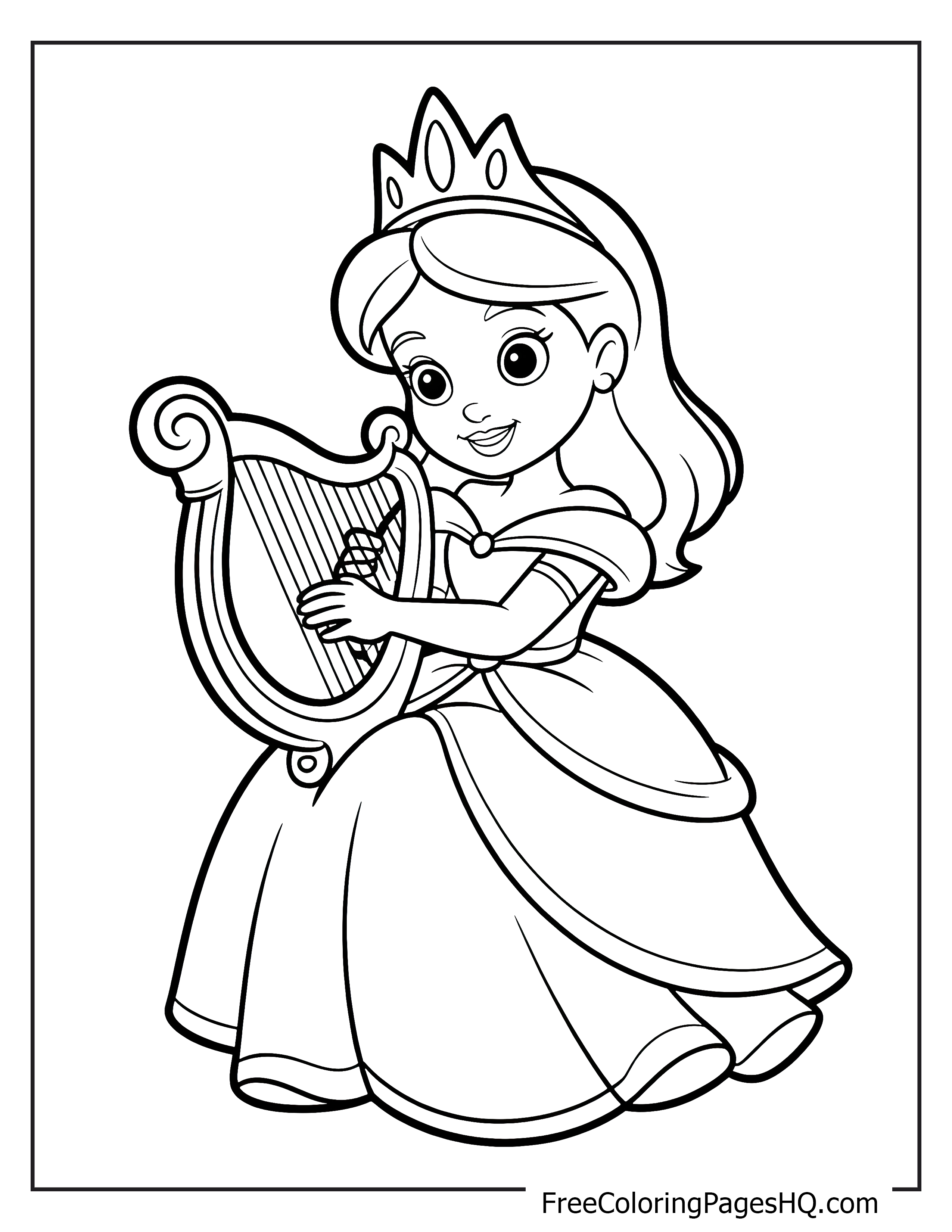 Princess wearing a crown, playing a harp with a cheerful expression.