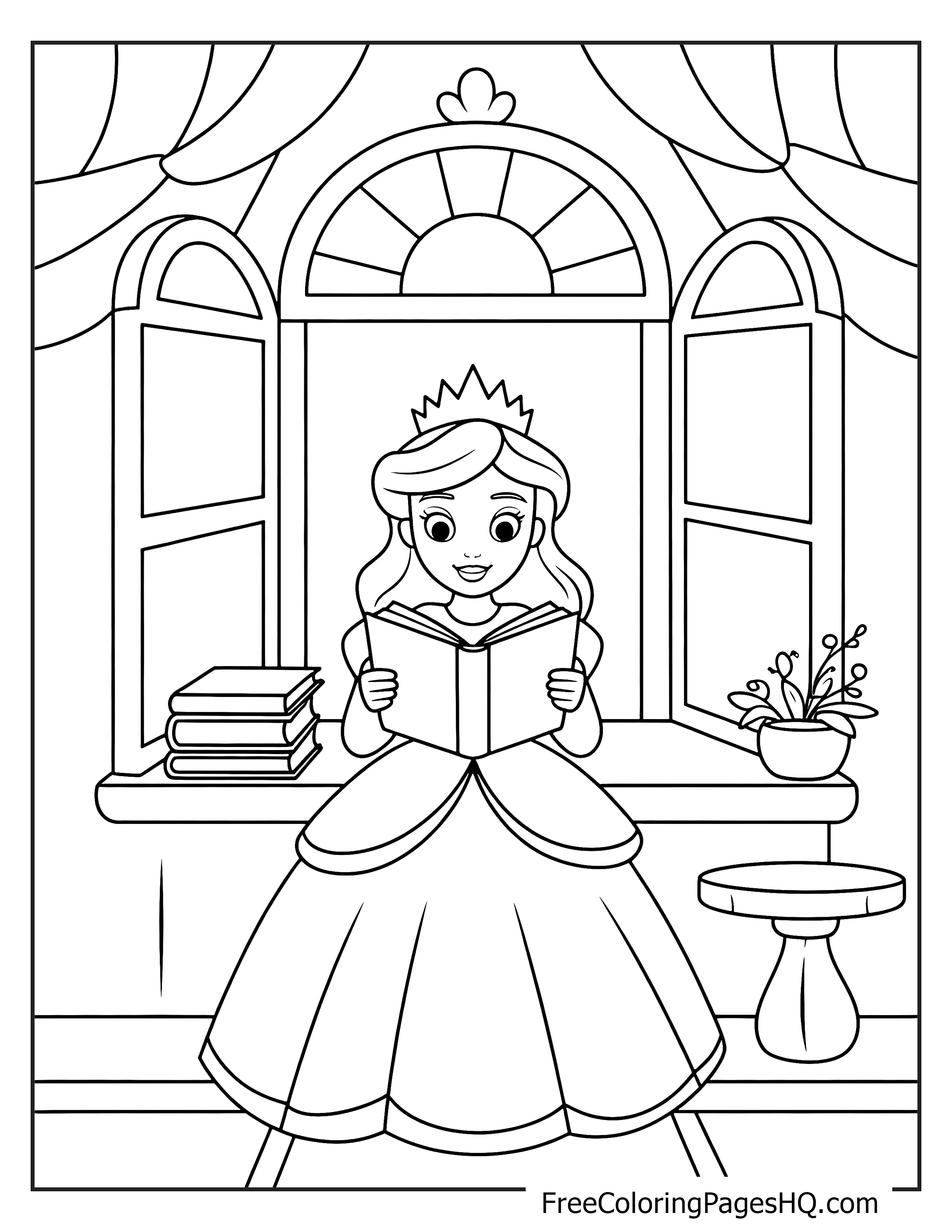 Princess wearing a crown reads a book by an open window with curtains and a stack of books.
