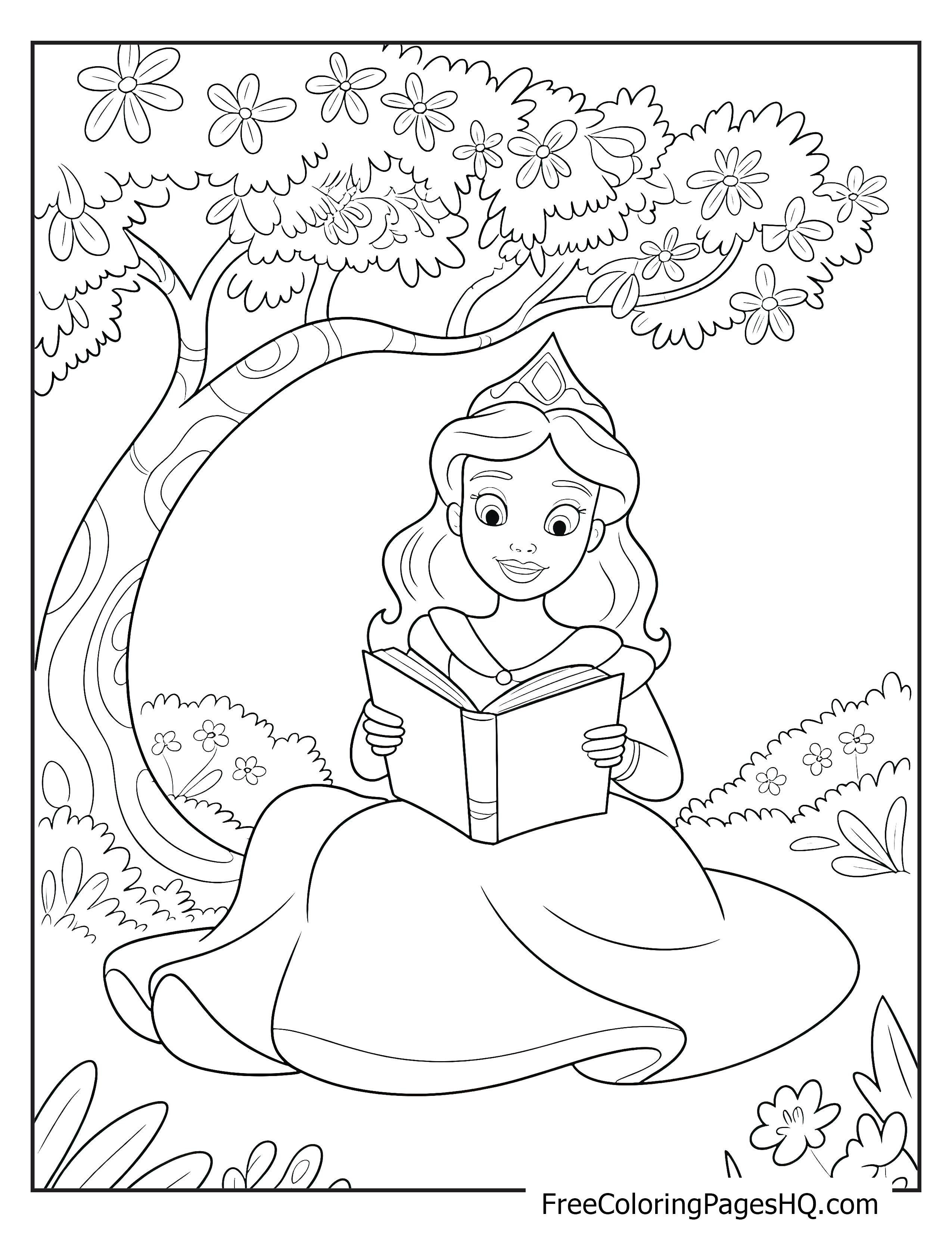Princess reading a book under a flowering tree in a garden.