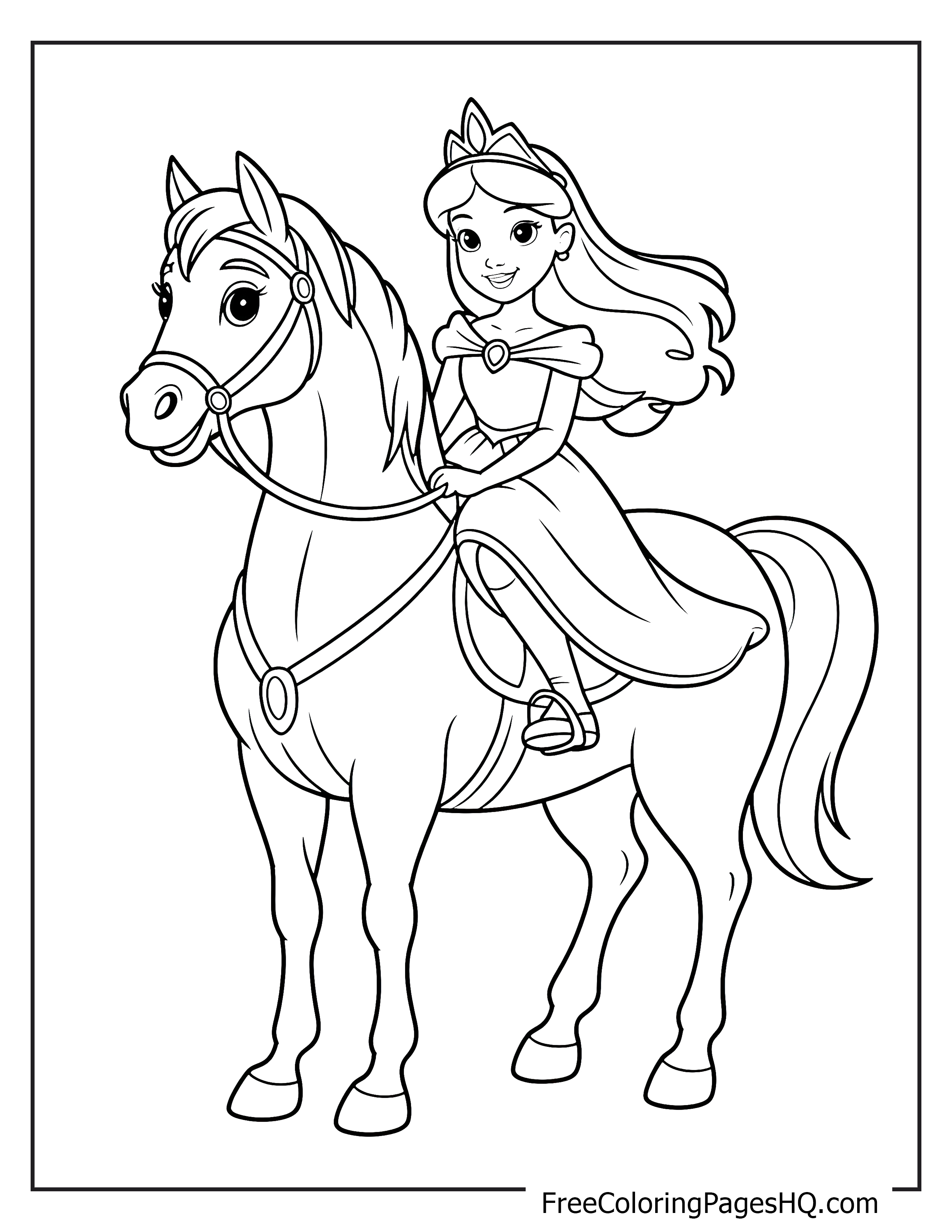 A princess with long hair sitting on a horse, both looking forward happily.