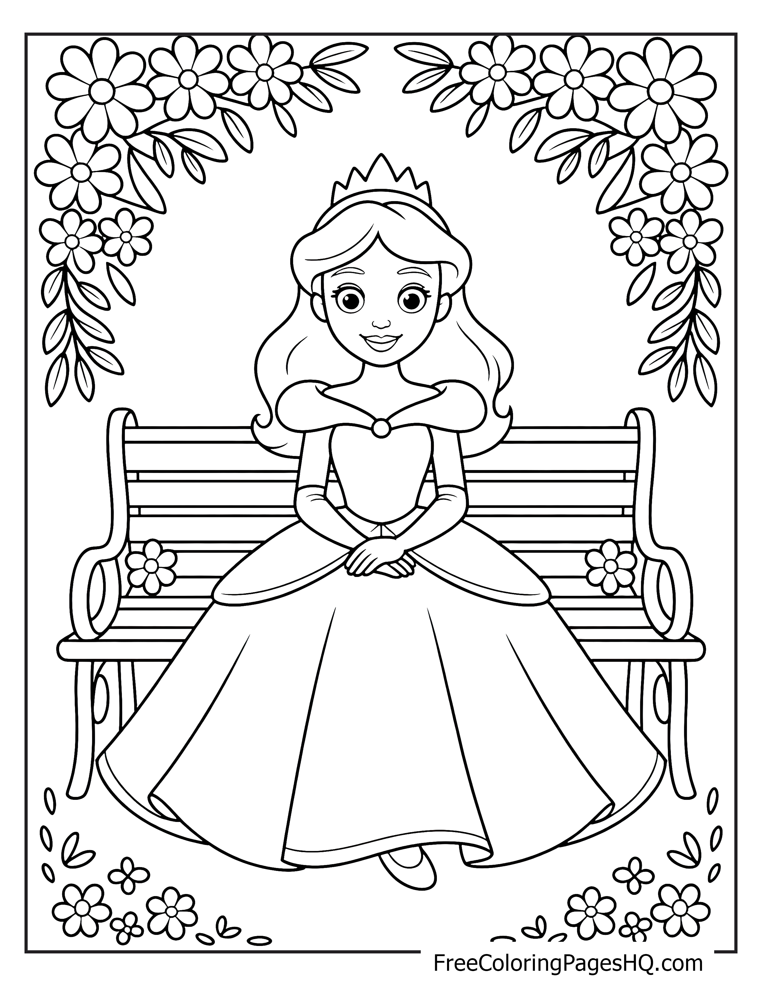 Princess on a bench in a garden with flowers around her.