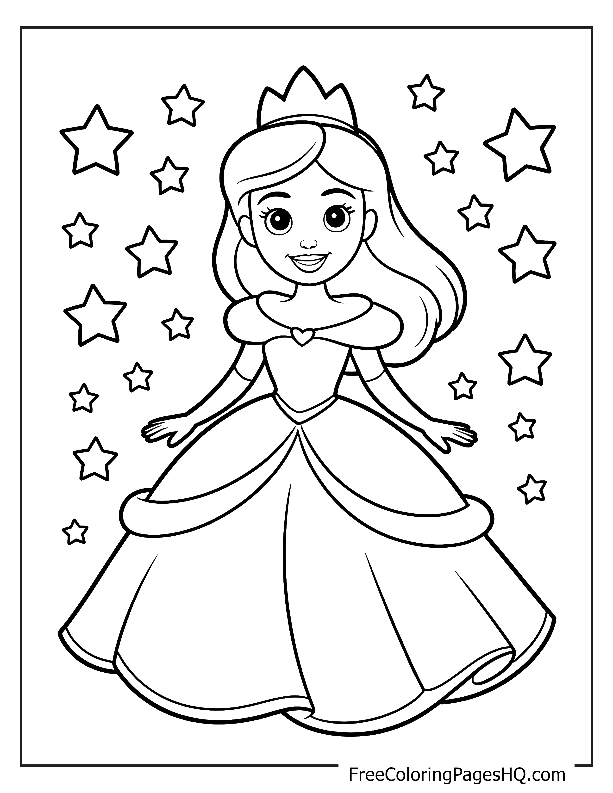 A princess with a crown and flowing gown surrounded by stars.