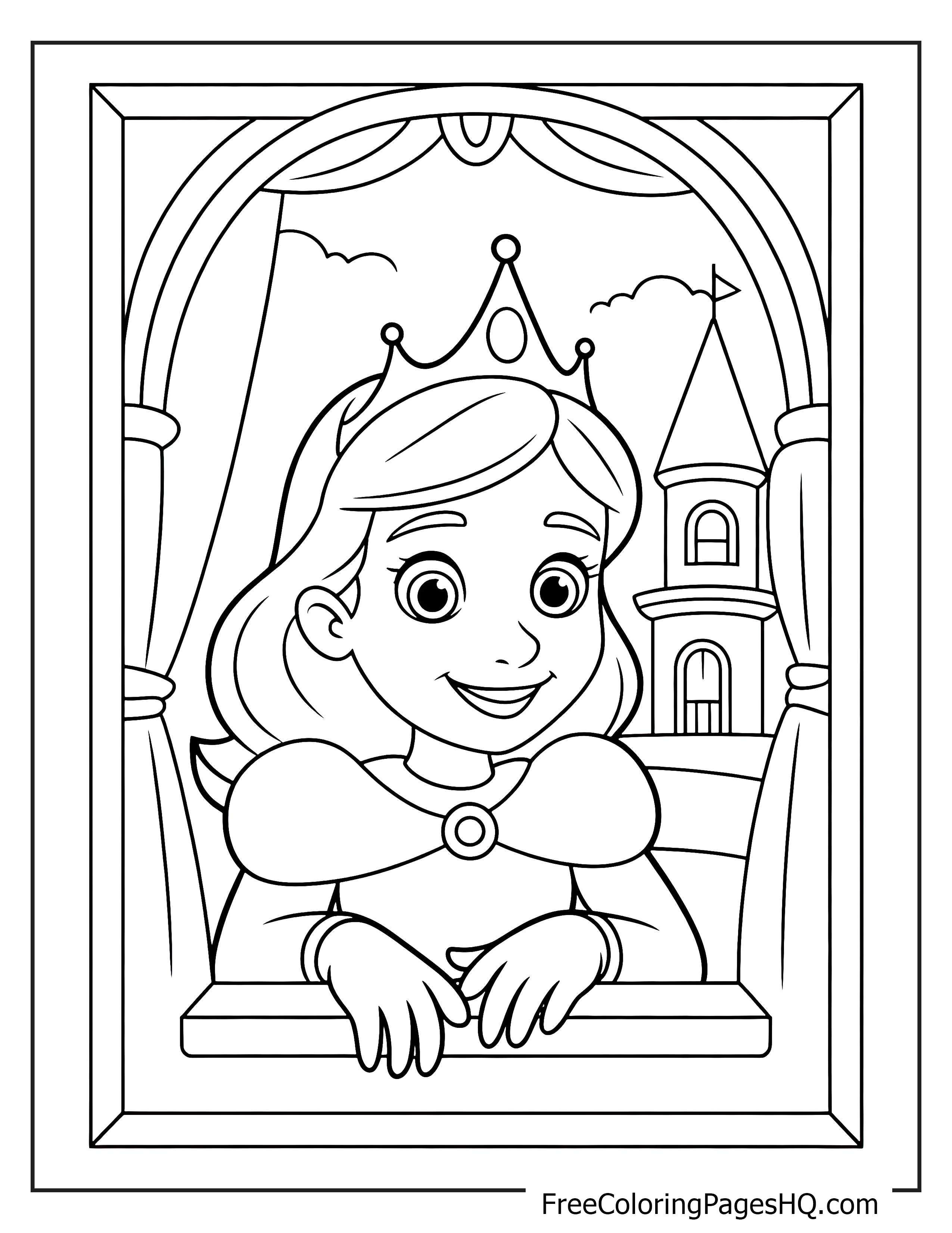 A princess with a crown smiles while looking out of a castle window.