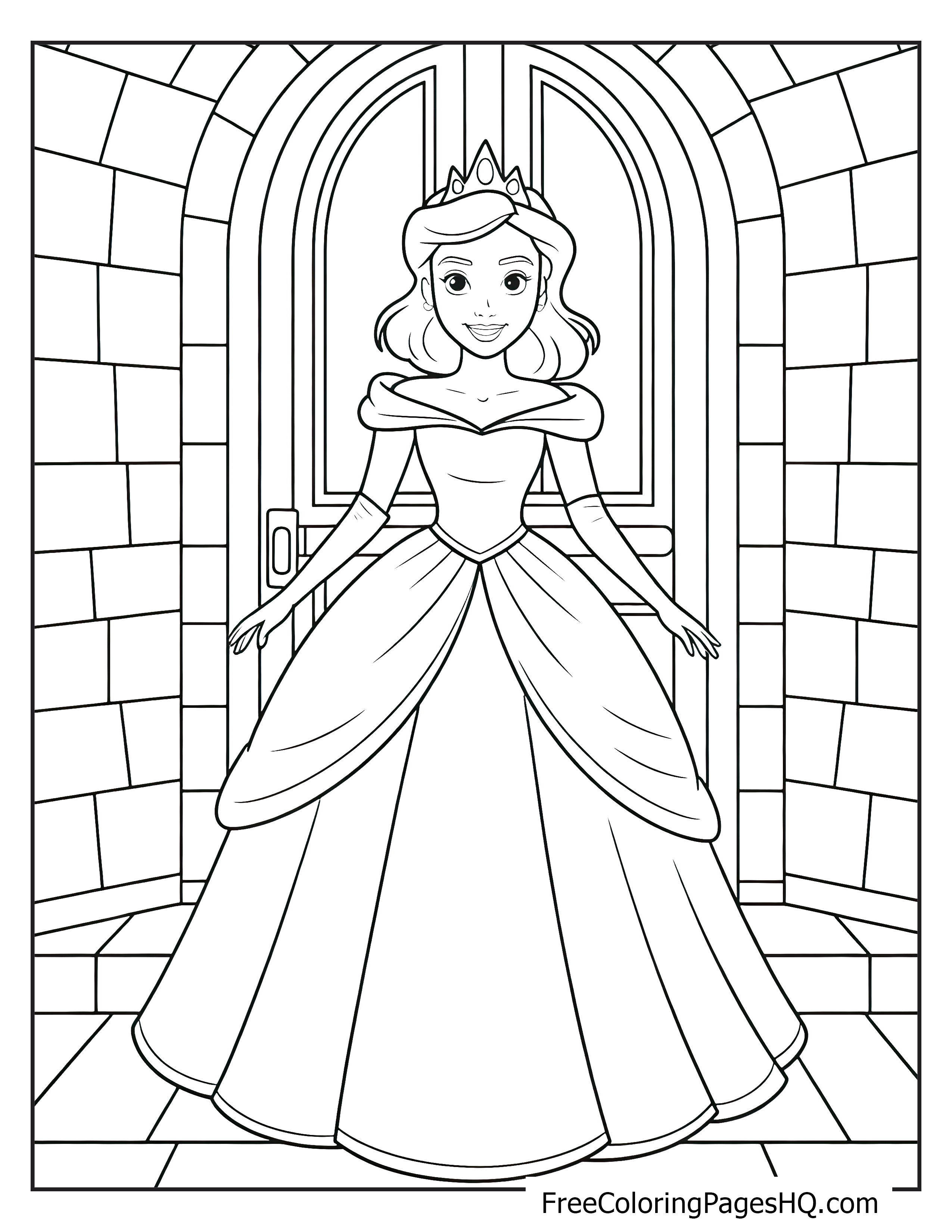 Princess in an elegant gown standing at the castle door with a welcoming smile.