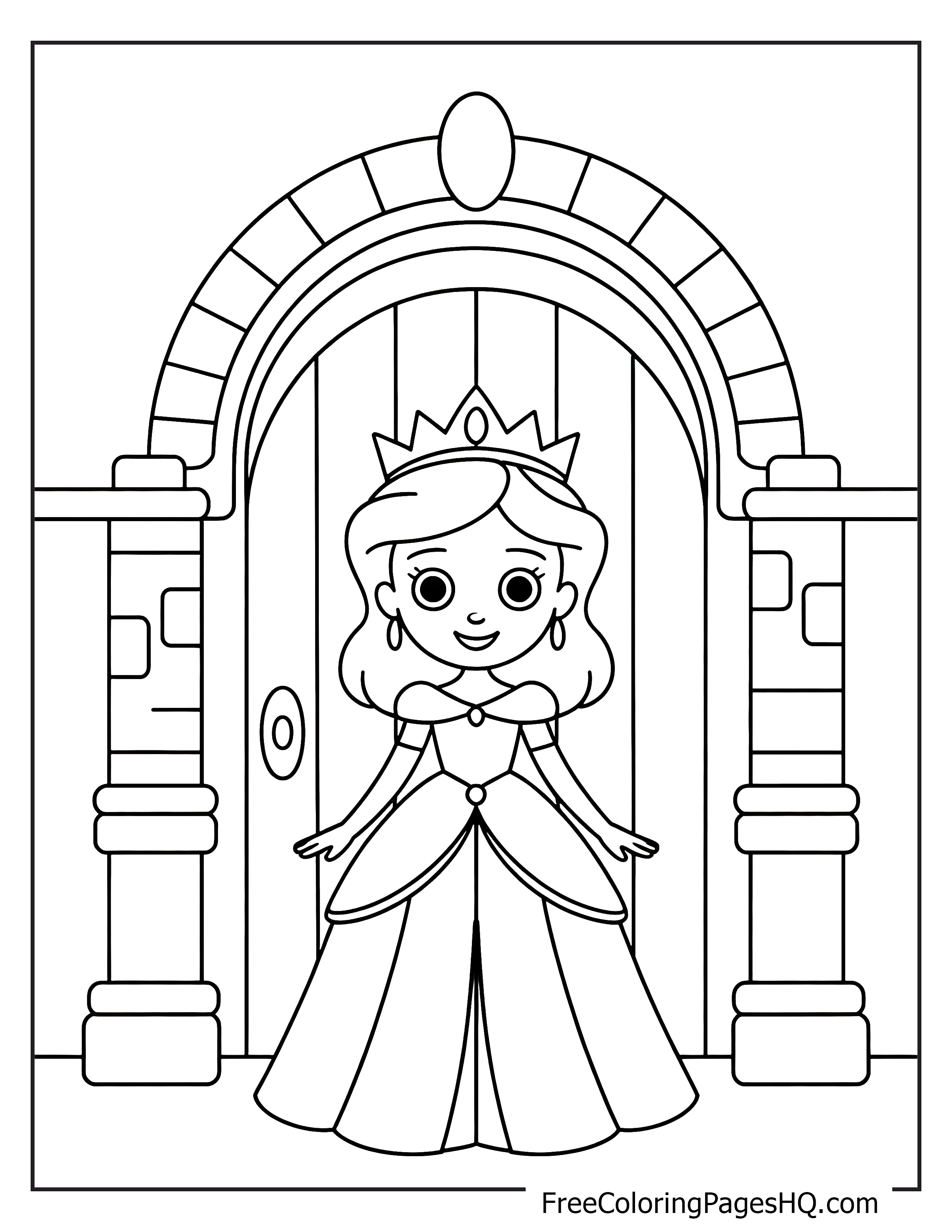 A princess in a flowing gown poses in front of a large castle door.